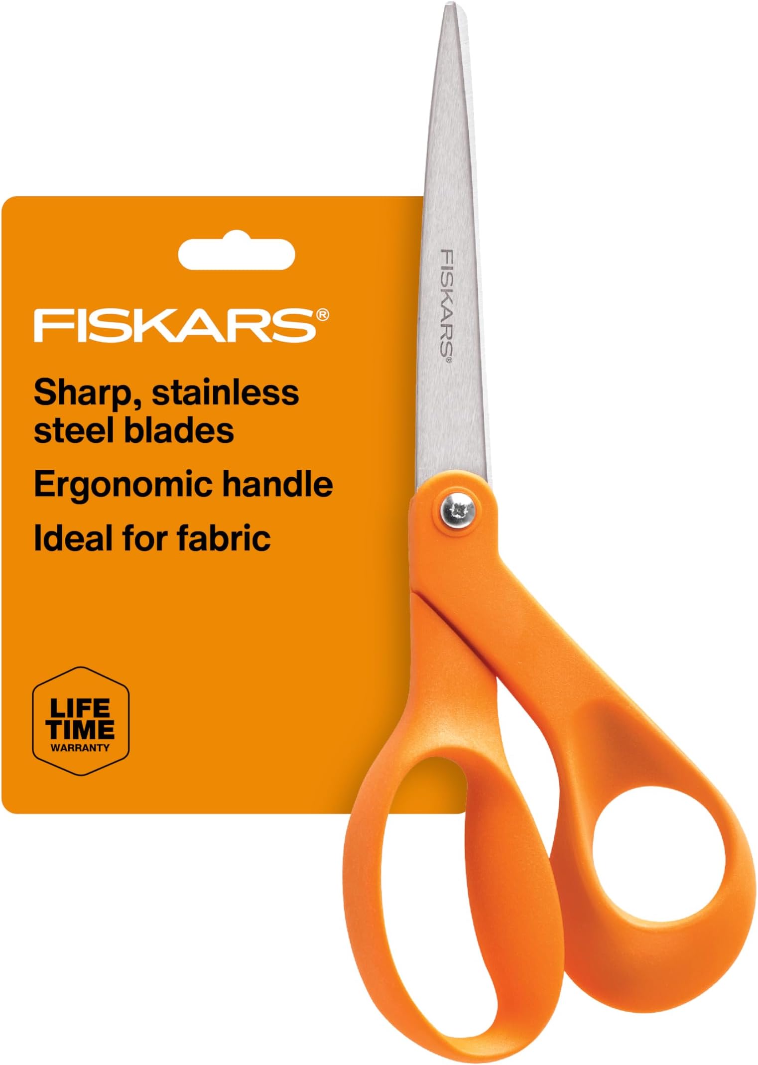 Fiskars 8" Original Orange-Handled Stainless Steel Scissors, Ergonomic and Keeps Material Flat, Sharp All-Purpose Paper and Fabric Scissors for Office, Arts, and Crafts