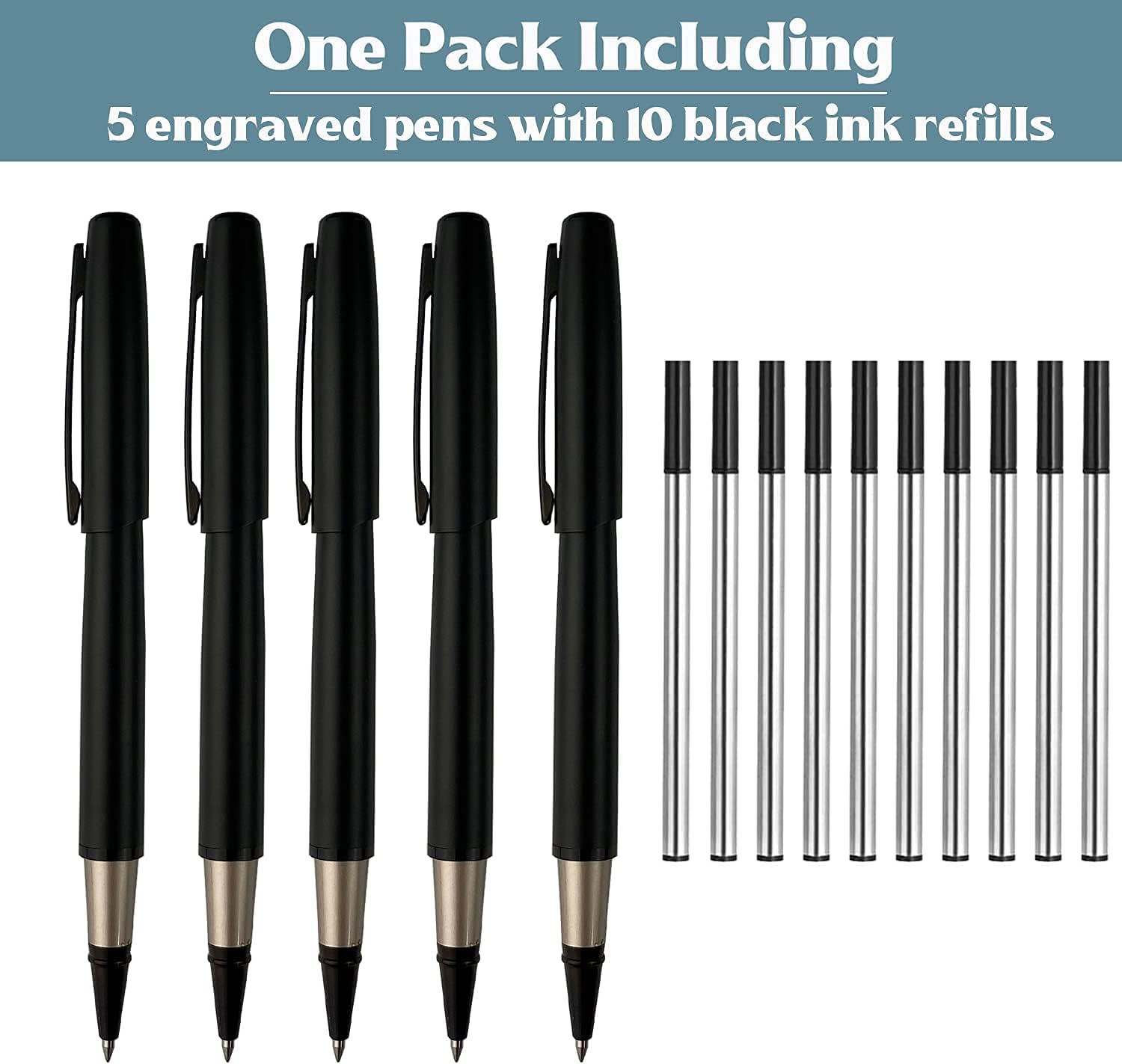 Ancolo Engraved Pens Fancy Business Pens 5 Rollerball Pens with 10 extra Black Refills Quality Pens Metal Body - Custom with Names Message - Gift Pen Set for Family Colleague Elder Friends