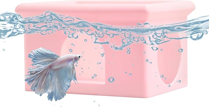Floating Betta Fish Hammock Cave House for Aquarium, 3D Printed Betta Shrimp Feeder & Hideout Cave Toys, Small Aquarium Feeding Ring Decor, Turtle Fish Tank Decorations Accessories -Pink