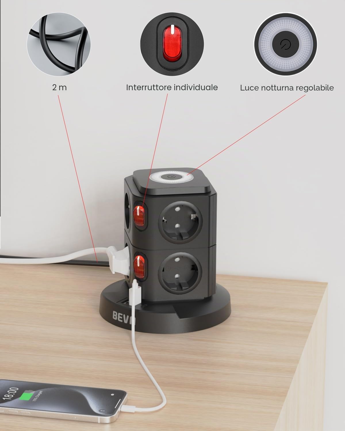 BEVA Multipresa Verticale, Ciabatta Multipresacon 3 Porte di Carica USB e 8 Prese EU Multipresa Elettrica con Luce Notturna e Protezione da Sovraccarico, 2500W/10A 2M Cavo