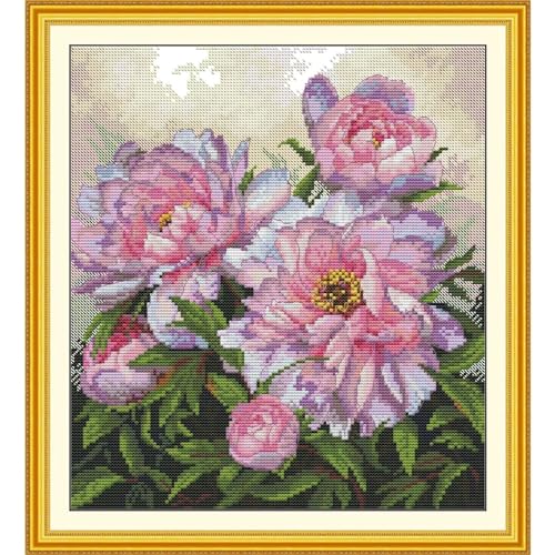 Image of Stamped Cross Stitch Kits Full Range of DIY Needlepoint for Adult Beginners Peony Pattern, for Gift and Home Decor 14CT 2 Strands 12.6x13.7 inch