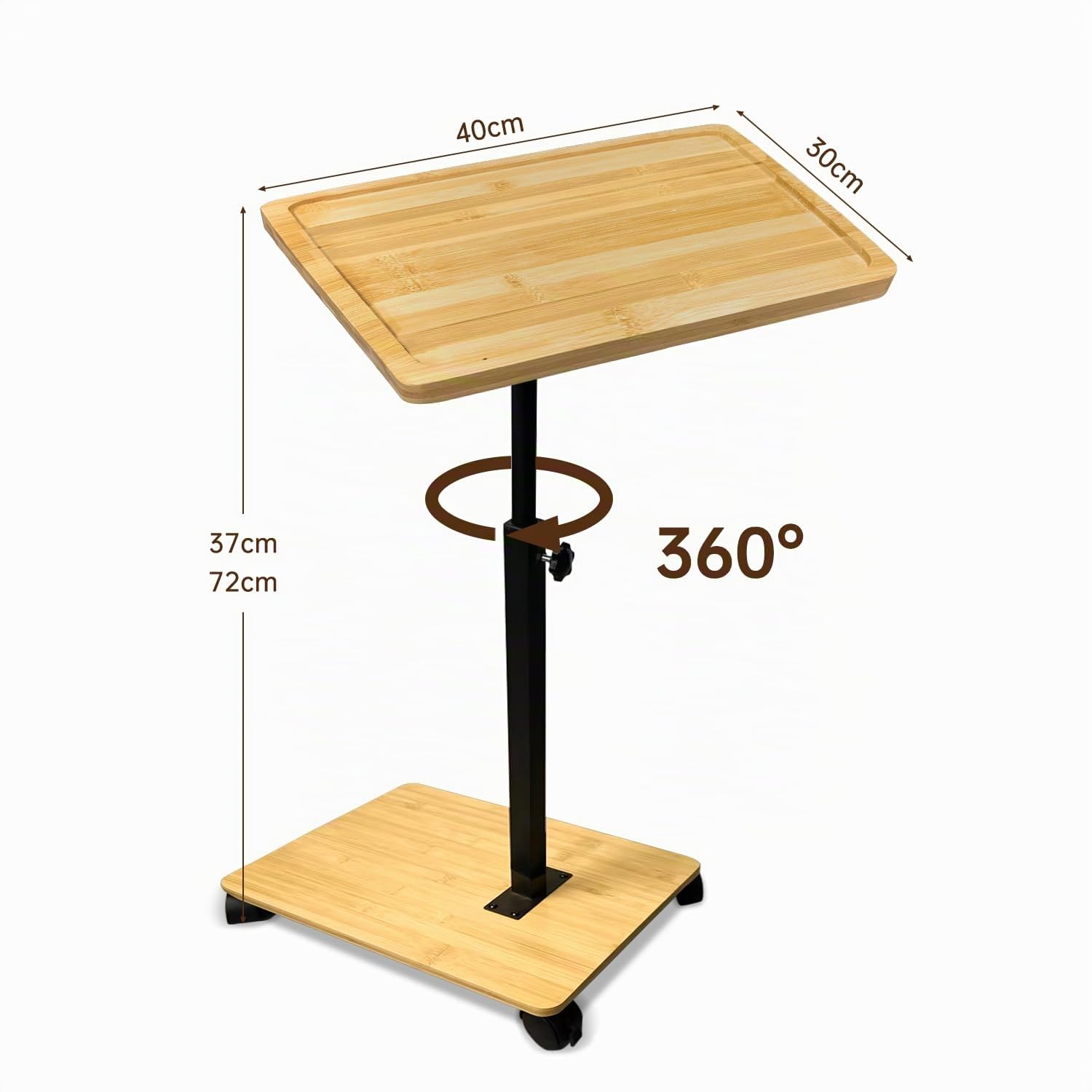 Tavolino Laterale Forma C in Bambù e Metallo Moderno Altezza Regolabile con Rotelle - per Letto, Divano, Comodino - Soggiorno, Camera da Letto, Bagno