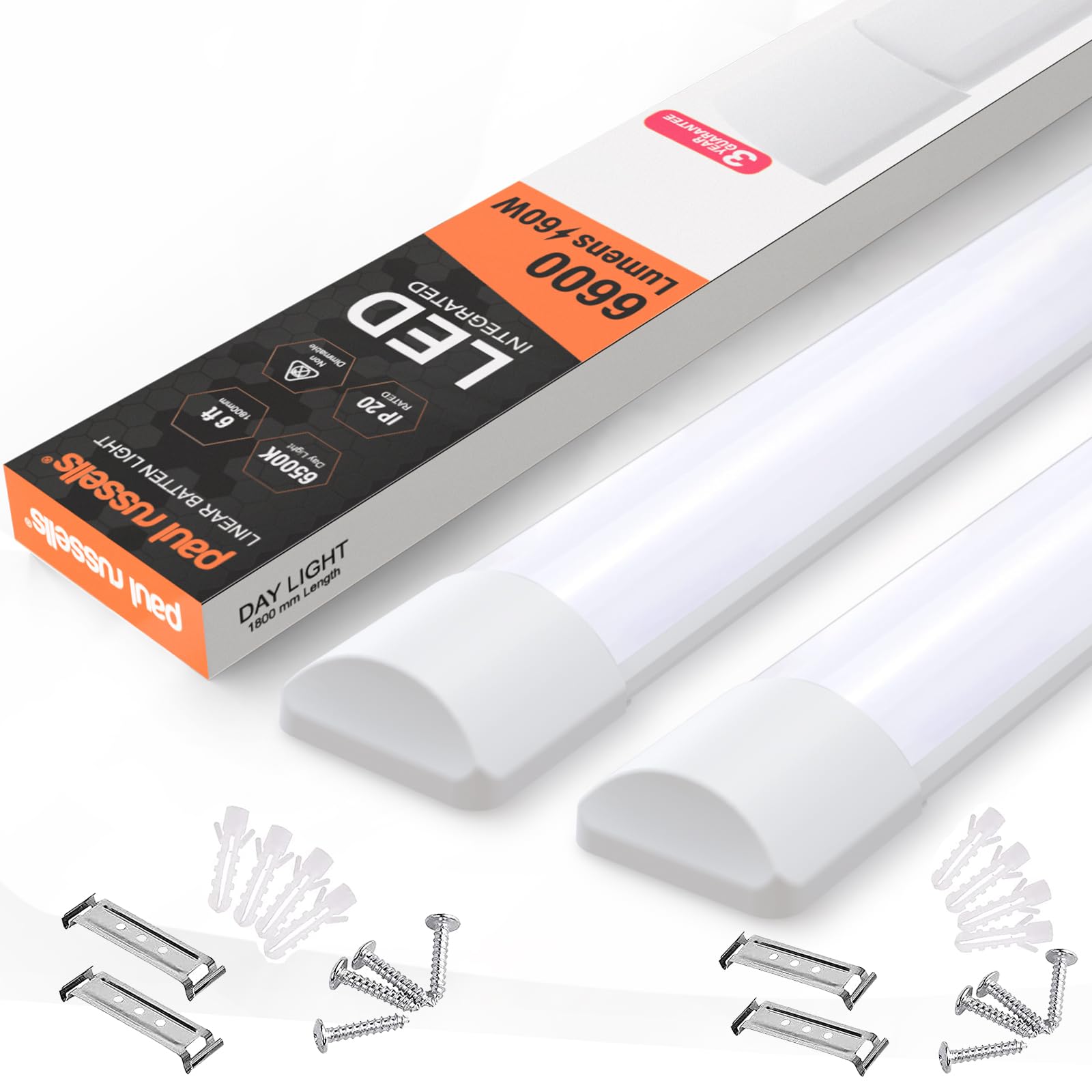 Paul Russells Daylight - 6500K Paul Russell's 6Ft Led Batten Light, Ceiling Fitting Tube Light, 6500K Daylight, 60W, 6600 Lumens, Office, Bathroom, Kitchen, Garage, Warehouse Fluorescent Lighting Replacement, 2 Packs