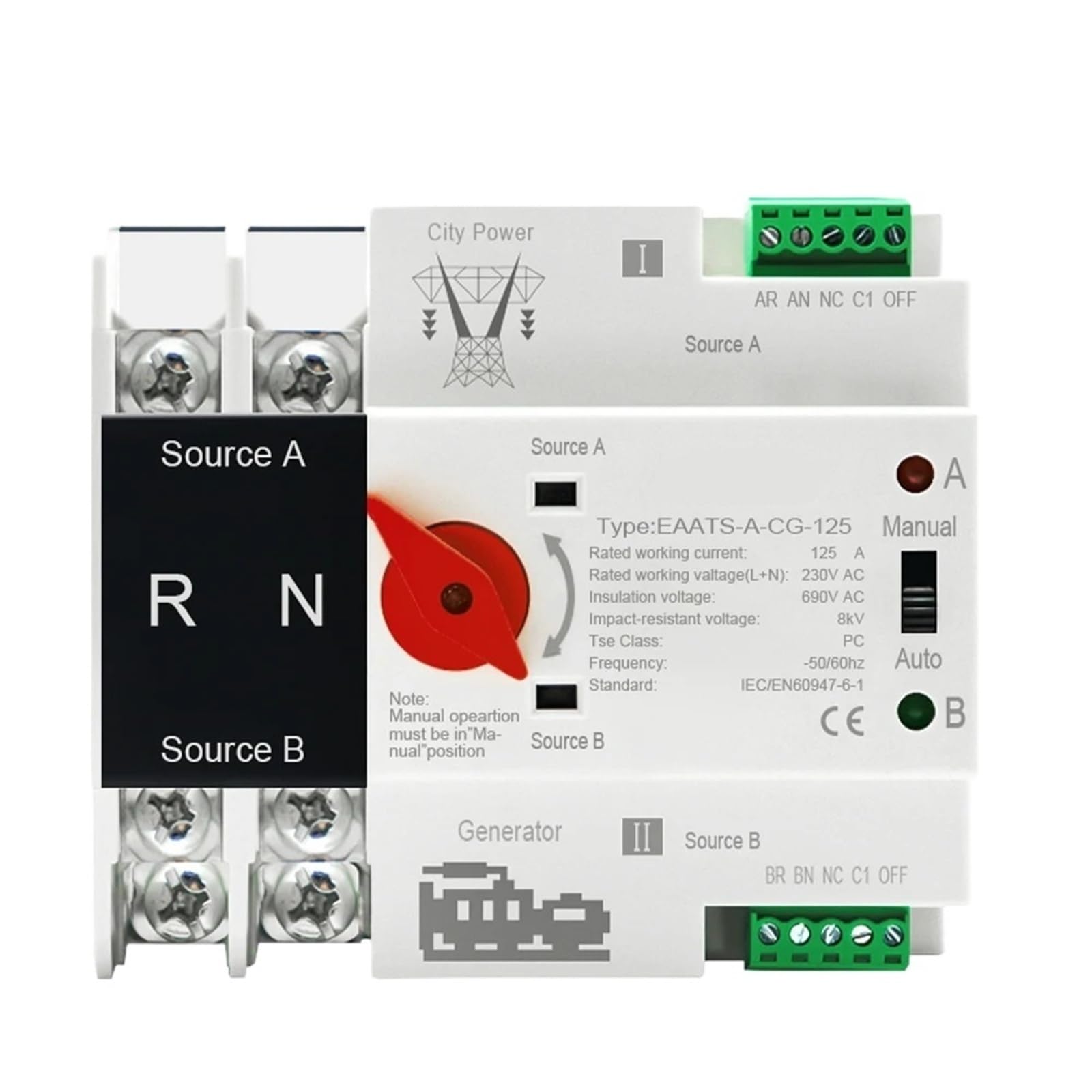Interruptor de transferencia de energía dual Mini ATS monofásico 2P 125A
