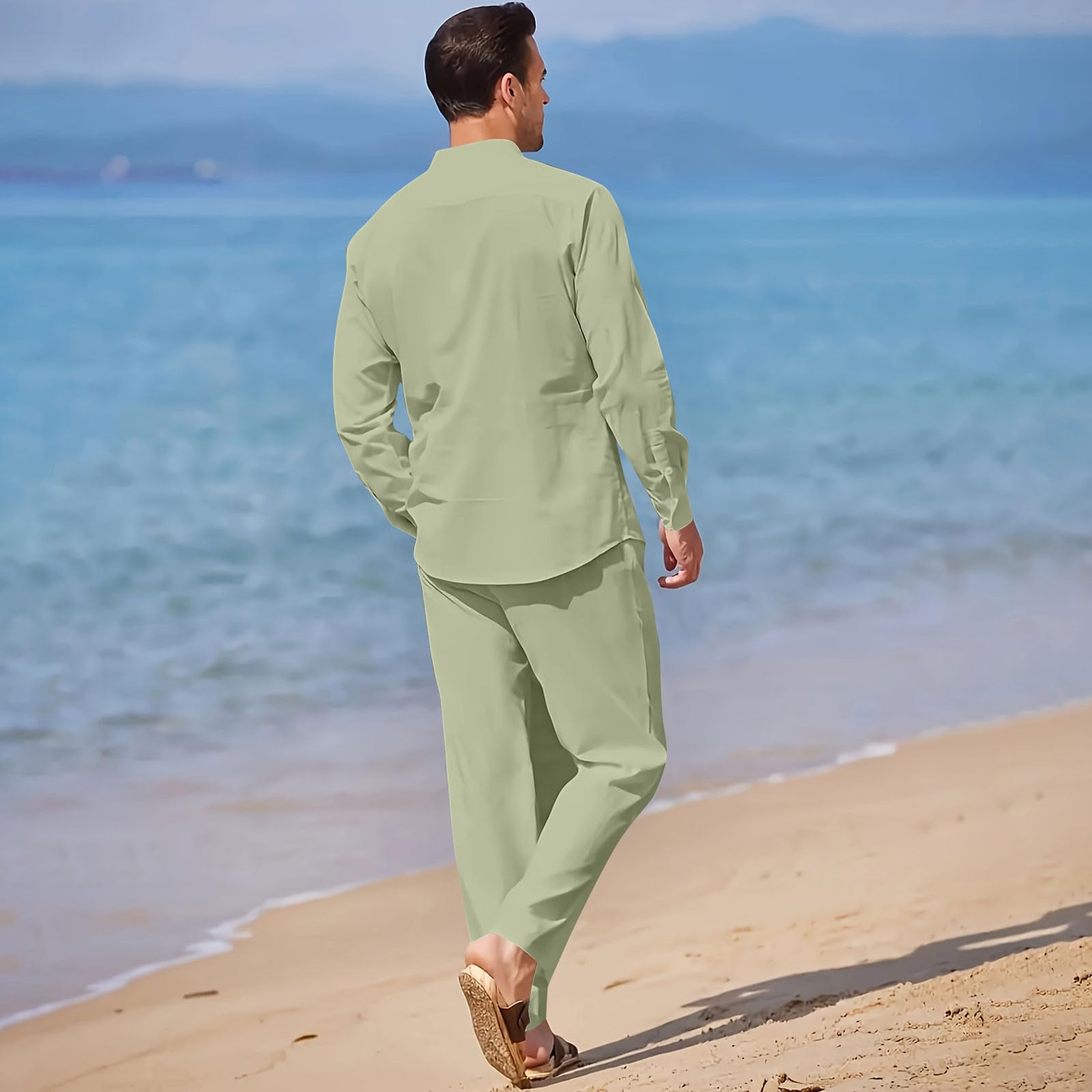 HAOLEI Conjunto Lino Hombre,Algodón y Lino Conjunto Verano Hombre de Dos Piezas Camisas Manga Larga y Pantalones Largo Camisas Hawaianas de Playa con Botones Ligero y Transpirable Trajes de Ocio