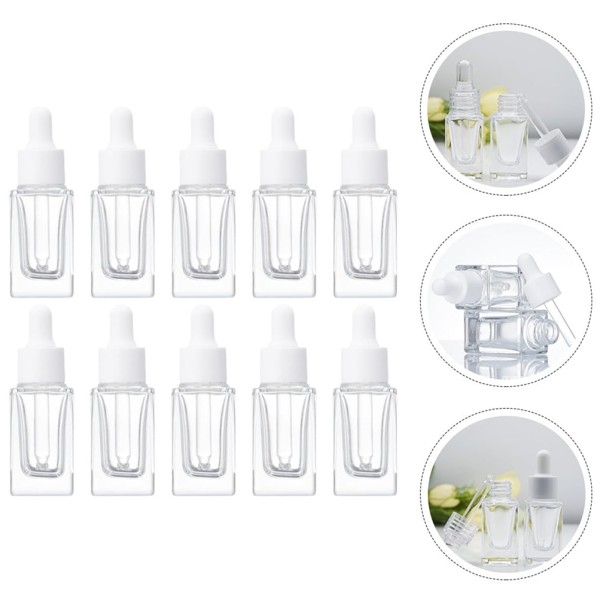 Flaconi Contagocce per Oli Essenziali 15ml in Vetro Trasparente Quadrato, Set da 10 Pezzi Contagocce in Vetro e Anello Plastico Bianco, Ricaricabili e Portatili per