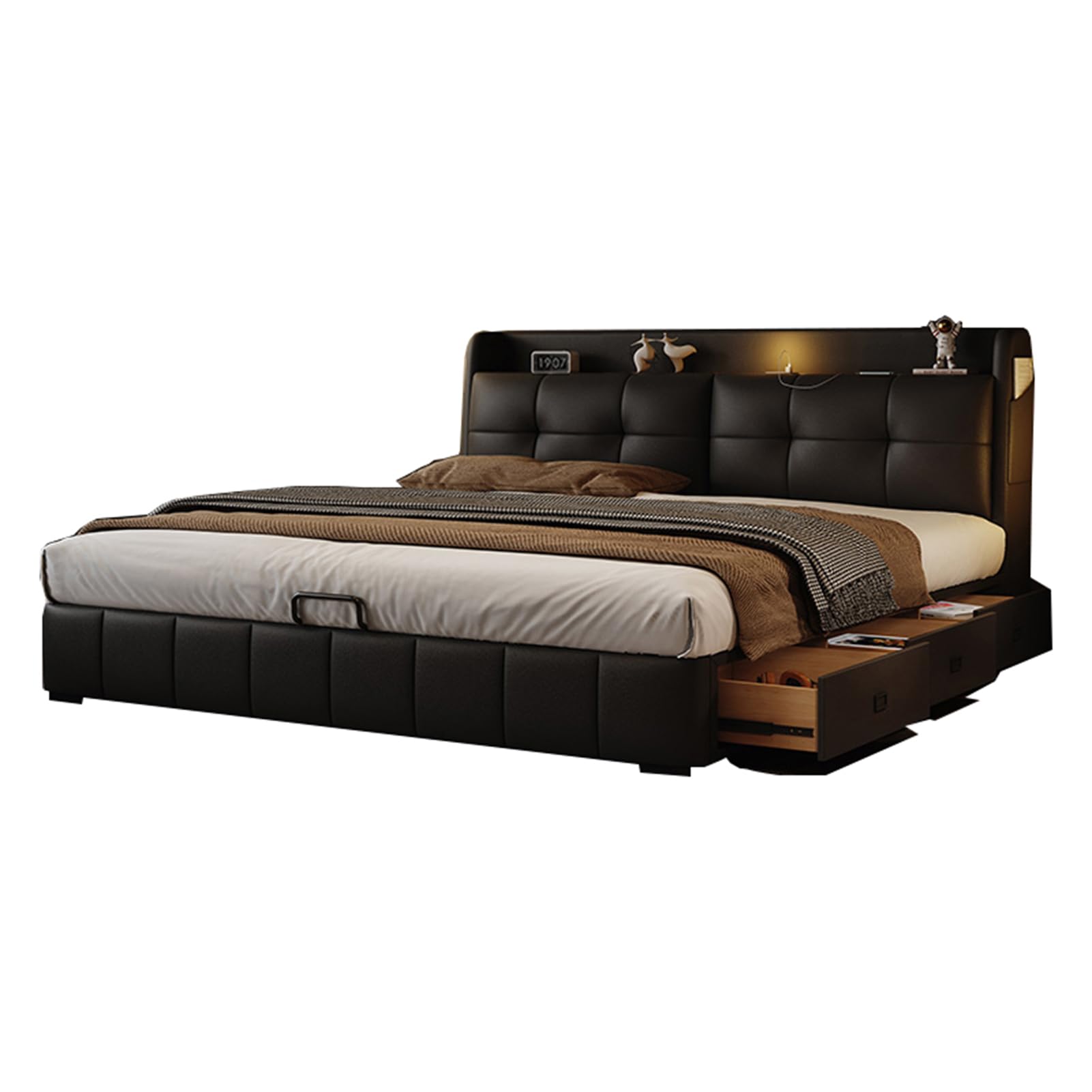 Black King Size Genuine Leather Bed Set Upholstered Platform Bed Frame with Wingback Headboard and Drawers Wooden Slats