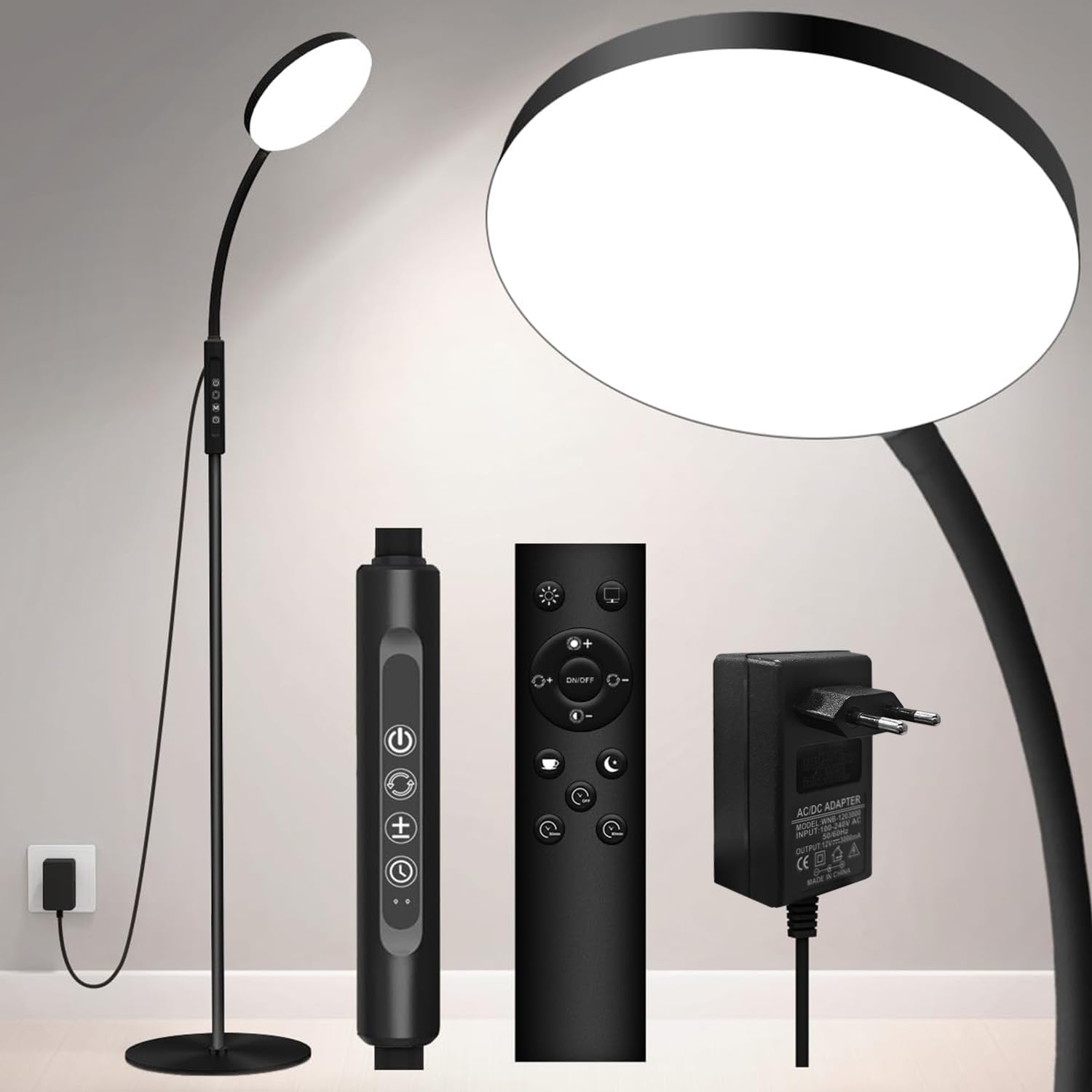 LED Stehlampe Dimmbar mit Fernbedienung, 20000 Lux Tageslichtlampe gegen Winterblues, 1700K-6000K Leselampe mit Timer & Flexibler Schwanenhals, 165cm Stehleuchte für Wohnzimmer, Schlafzimmer & Büro