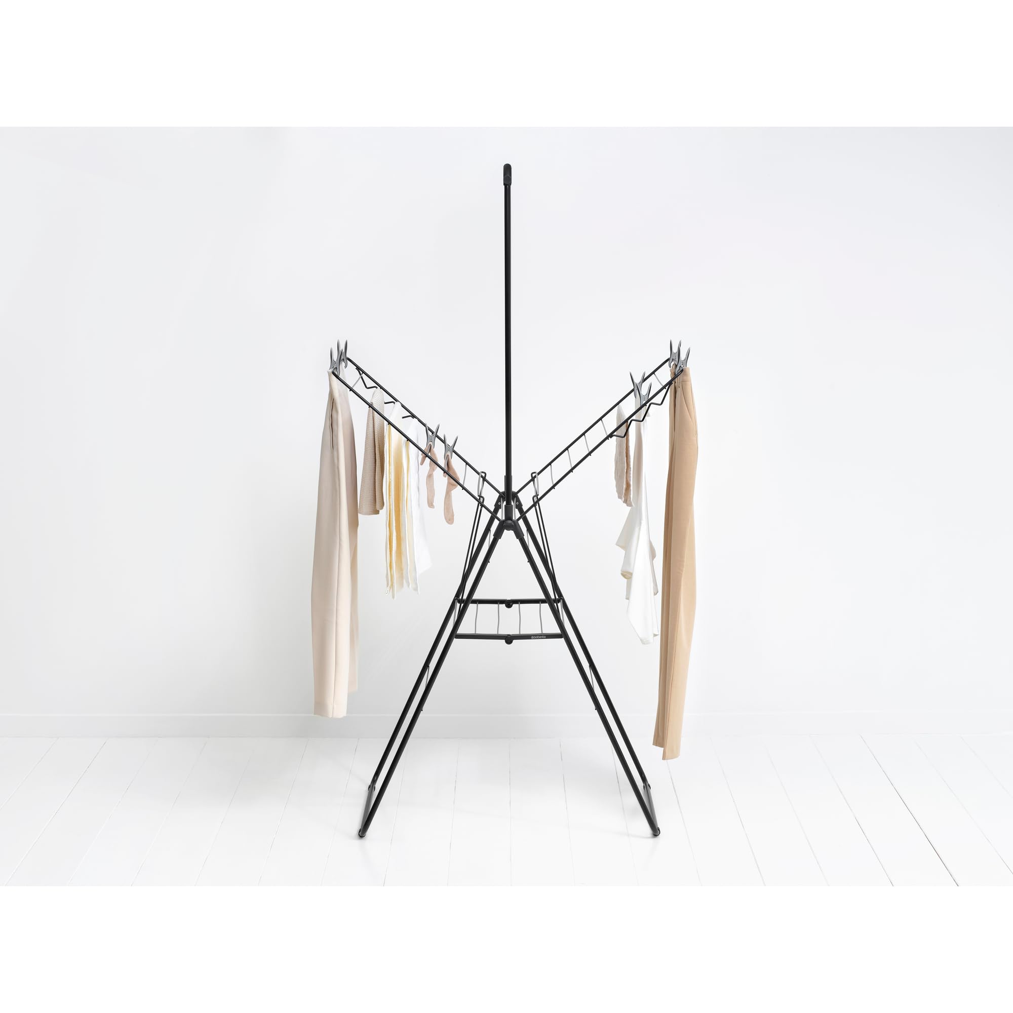 Brabantia Tendedero HangOn 20 m + Barra Matt Black | Espacio para secar Ropa XXL | Alas y Barra de Colgar Ajustables | Tendedero de Interior Plegable | 99 x 7 x 66 cm
