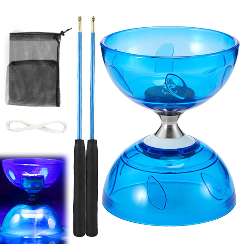 Lotvic Diabolo - Juego de Malabares para Deportes de Ocio con luz, Corredor al Aire Libre con rodamiento de Bolas, Juego de Malabares con Palos de Aluminio y Cuerda de Repuesto (Azul)