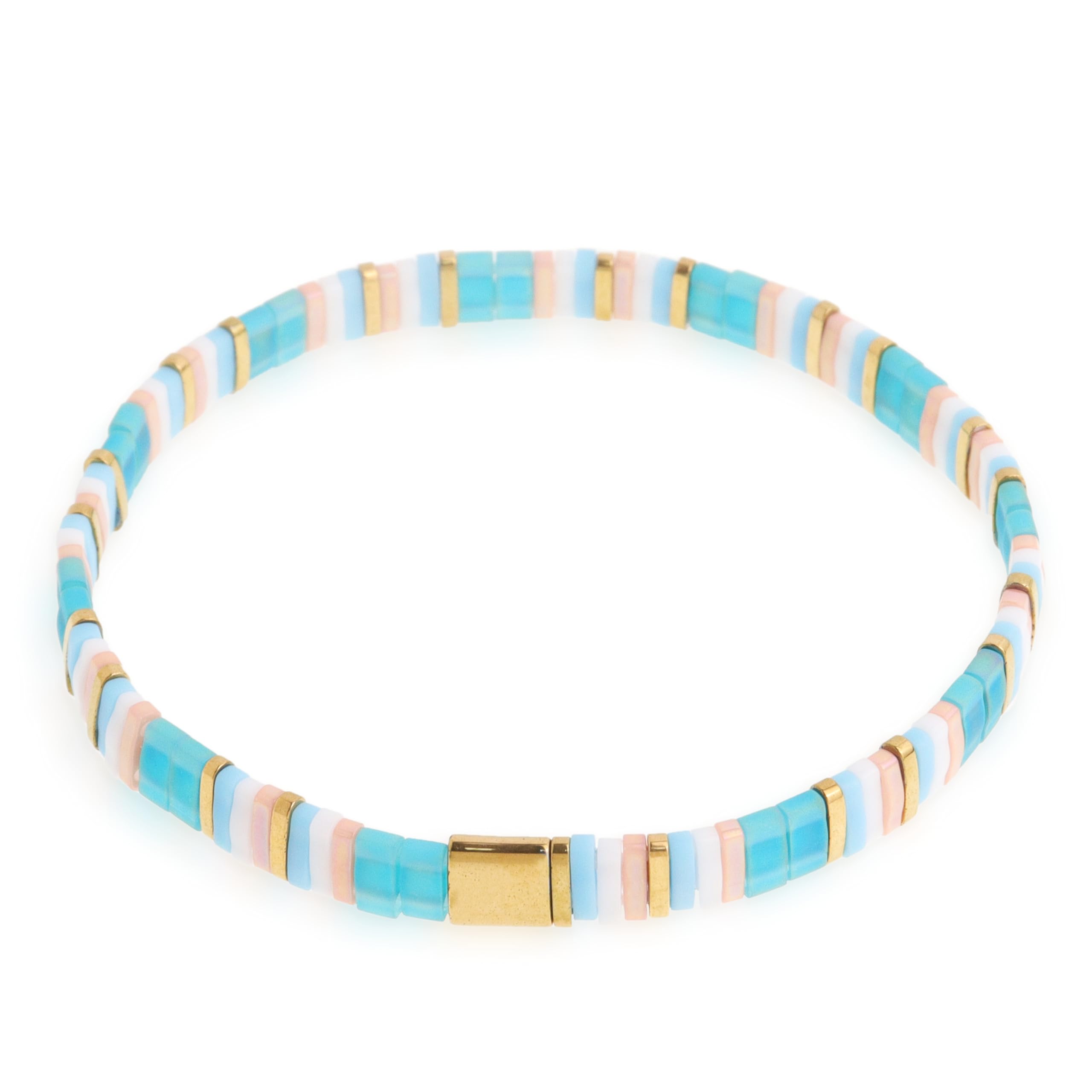 Agriajun Tila Flat Beaded Stretch Bracelets for Women, Trendy Unique Handmade Stackable Green Blue Square Beads Miyuk Link Bracelet Summer Jewelry Gift