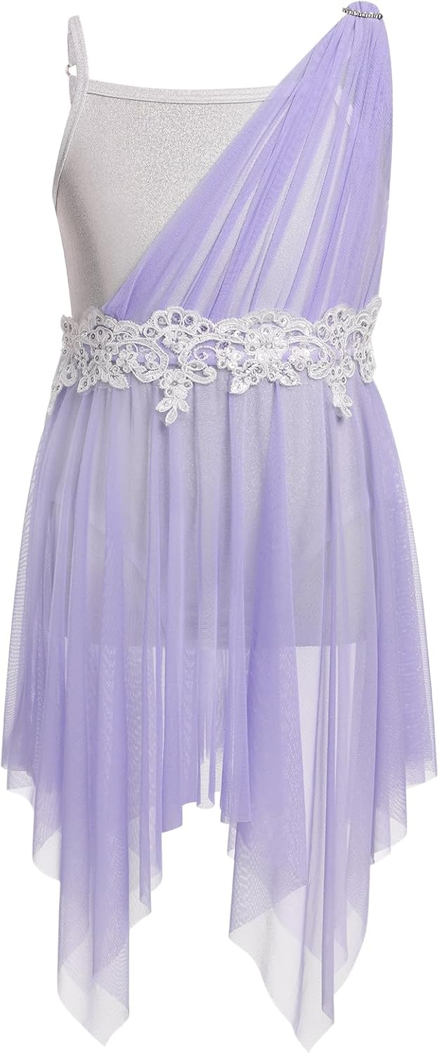 ODASDO Girls Lyrical Dance Dress One Shoulder Spaghetti Straps Asymmetric Handkerchief Mesh Tulle Dresses