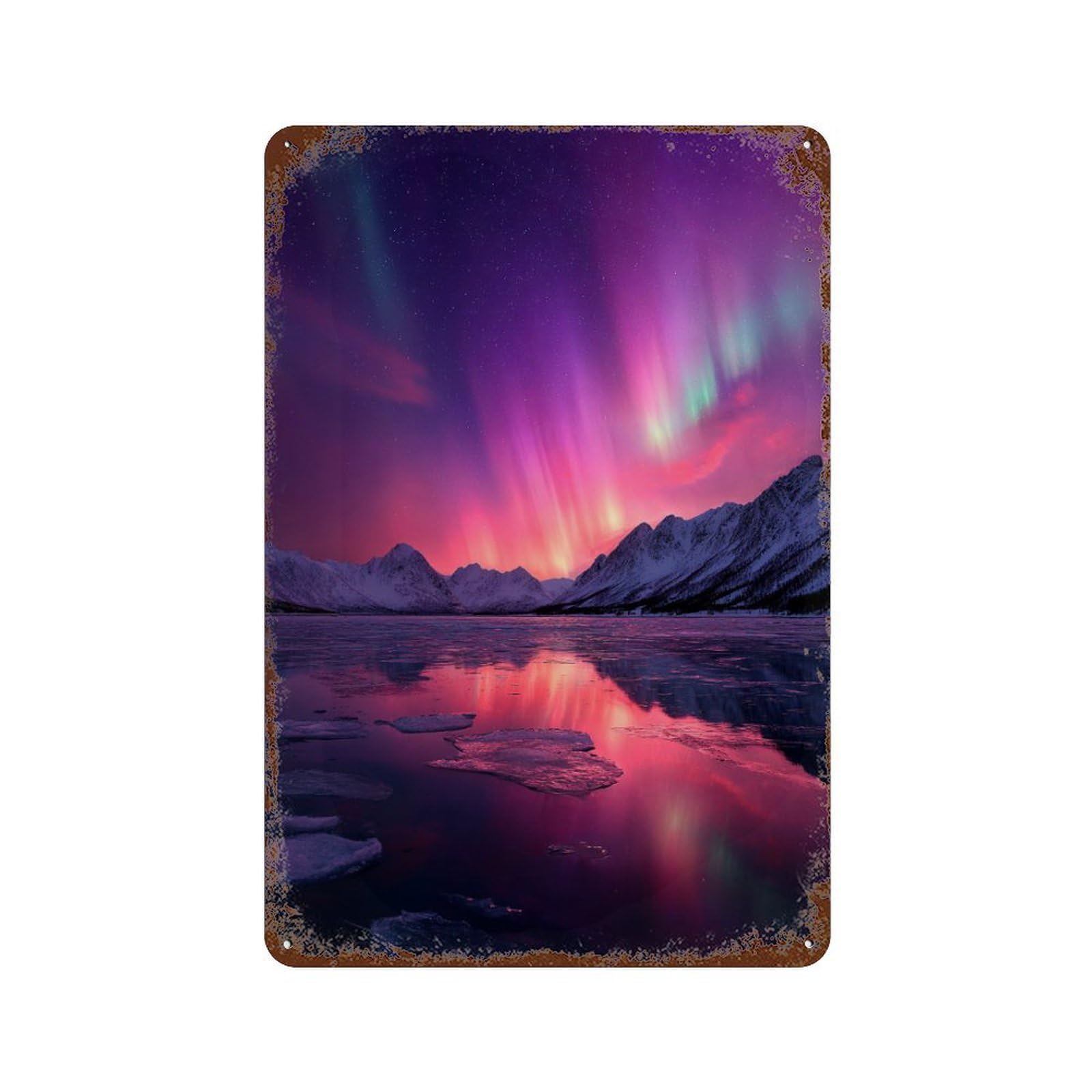 Rusty Metal Tin Sign Aurora Borealis Reflections-6 11.8"x7.9", Rustic Home Decor for Shed, Workshop And Garage Wall Decor