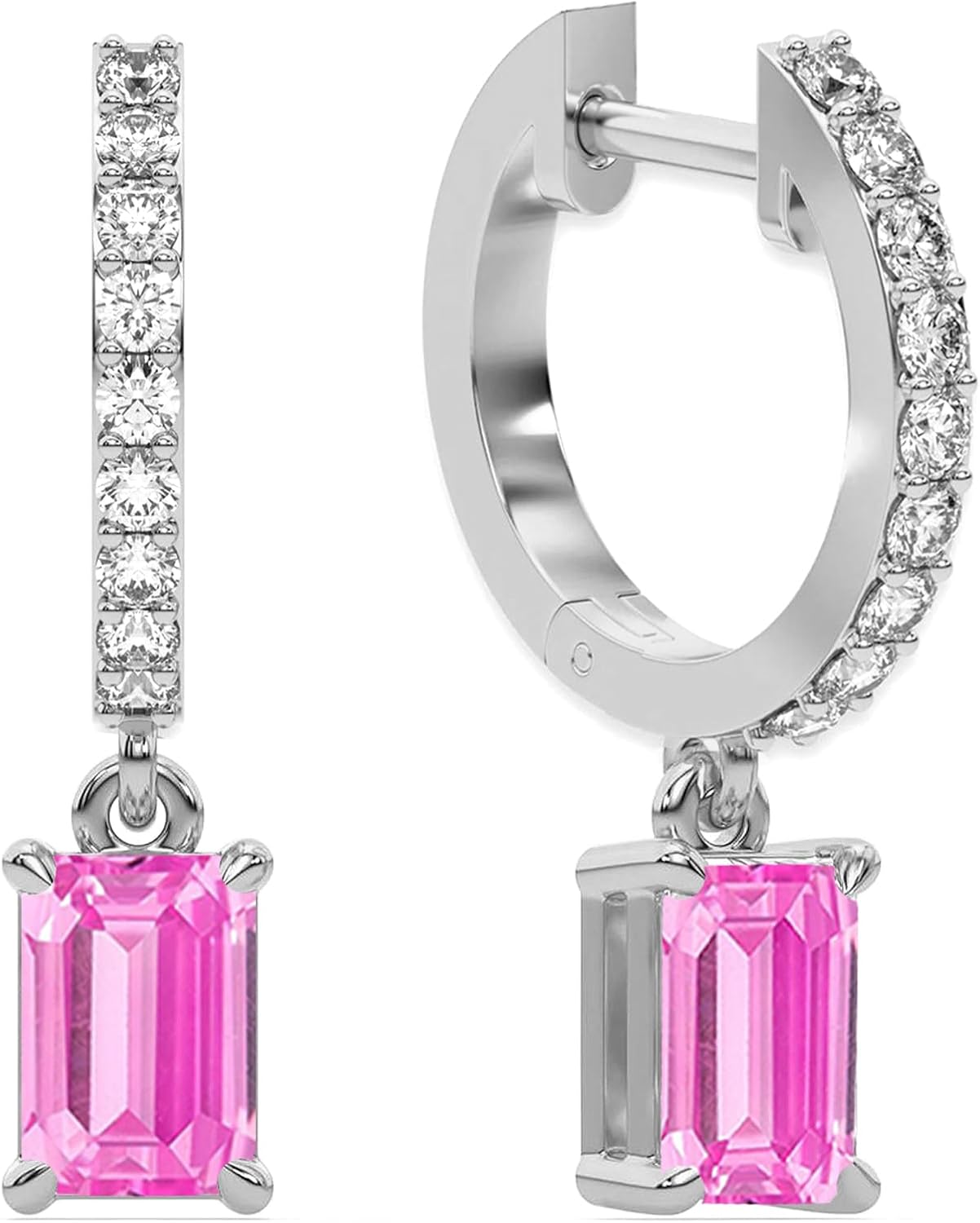 Emerald Cut Blue Sapphire Solitaire Drop Huggies Earrings For Women, 14K Gold Plated 925 Sterling Silver september Birthstone Diamond Dangling Hoop Earrings