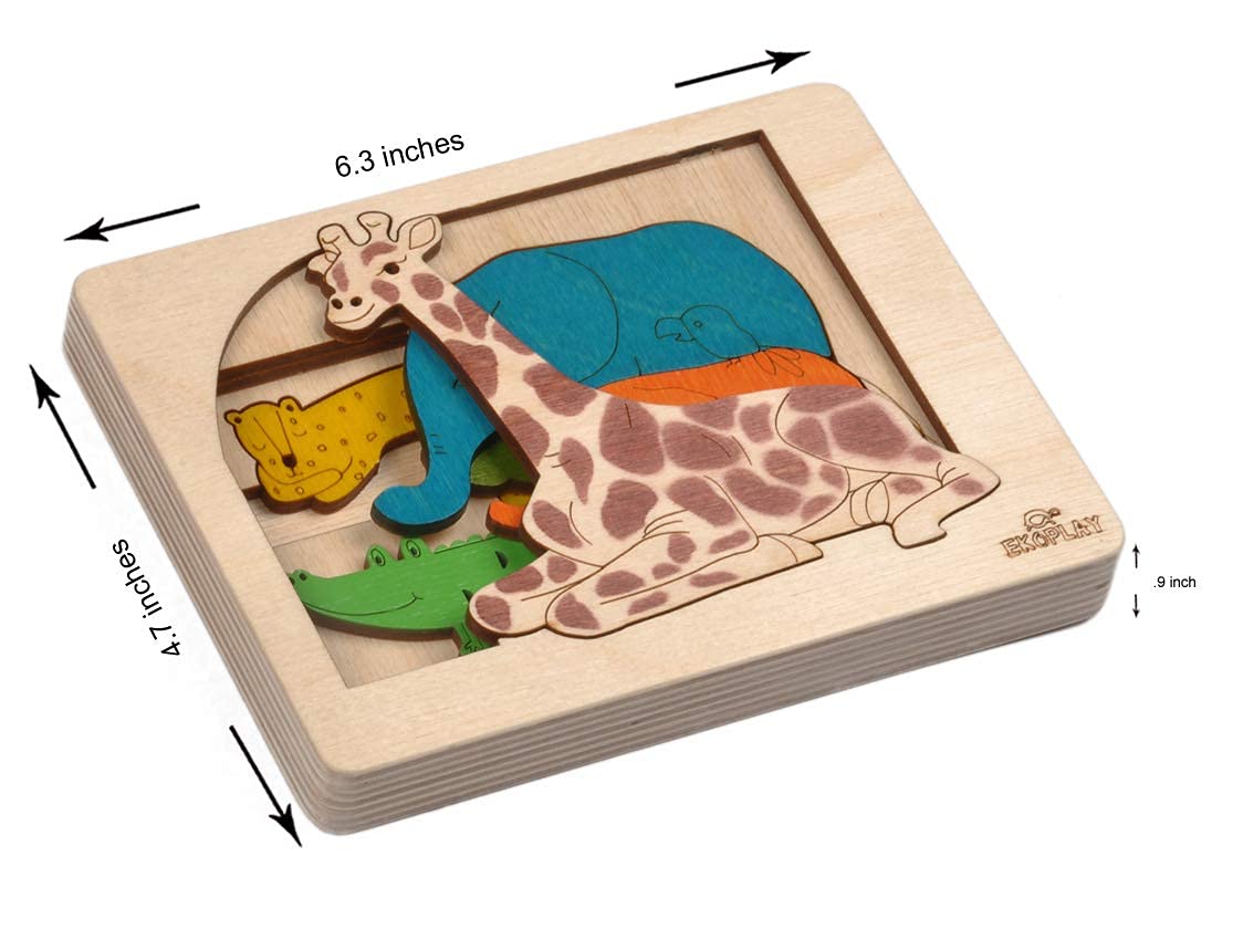 Mehrschichtige Holzpuzzles Für Kinder Ab 3 Jahren – 6-teiliges Tierpuzzle, Lernspielzeug (Dschungeltiere)
