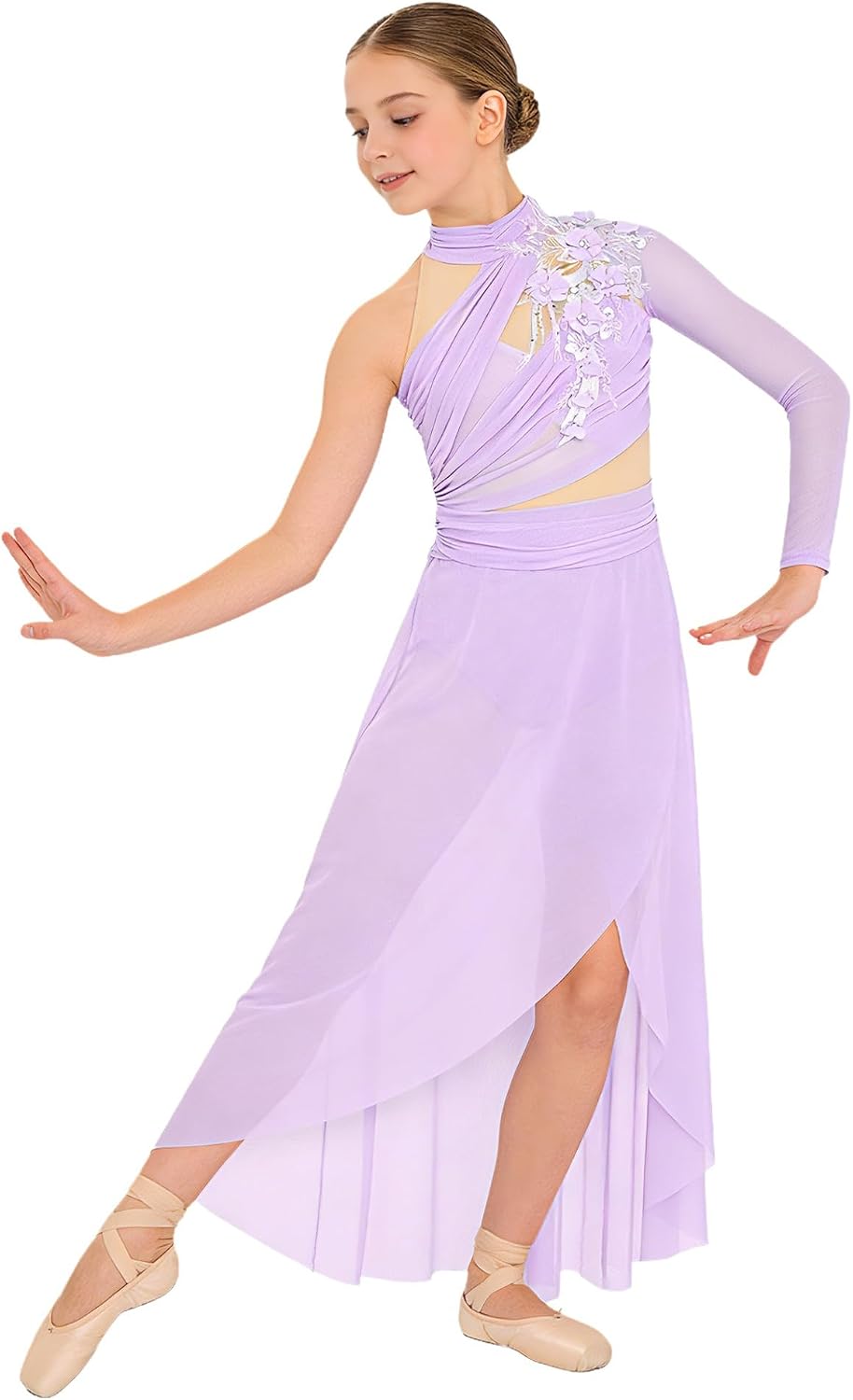 Kids Girls Flower Applique Lyrical Dance Dresses Ballet Contemporary Dance Dress Gymnastics Skirted Leotard