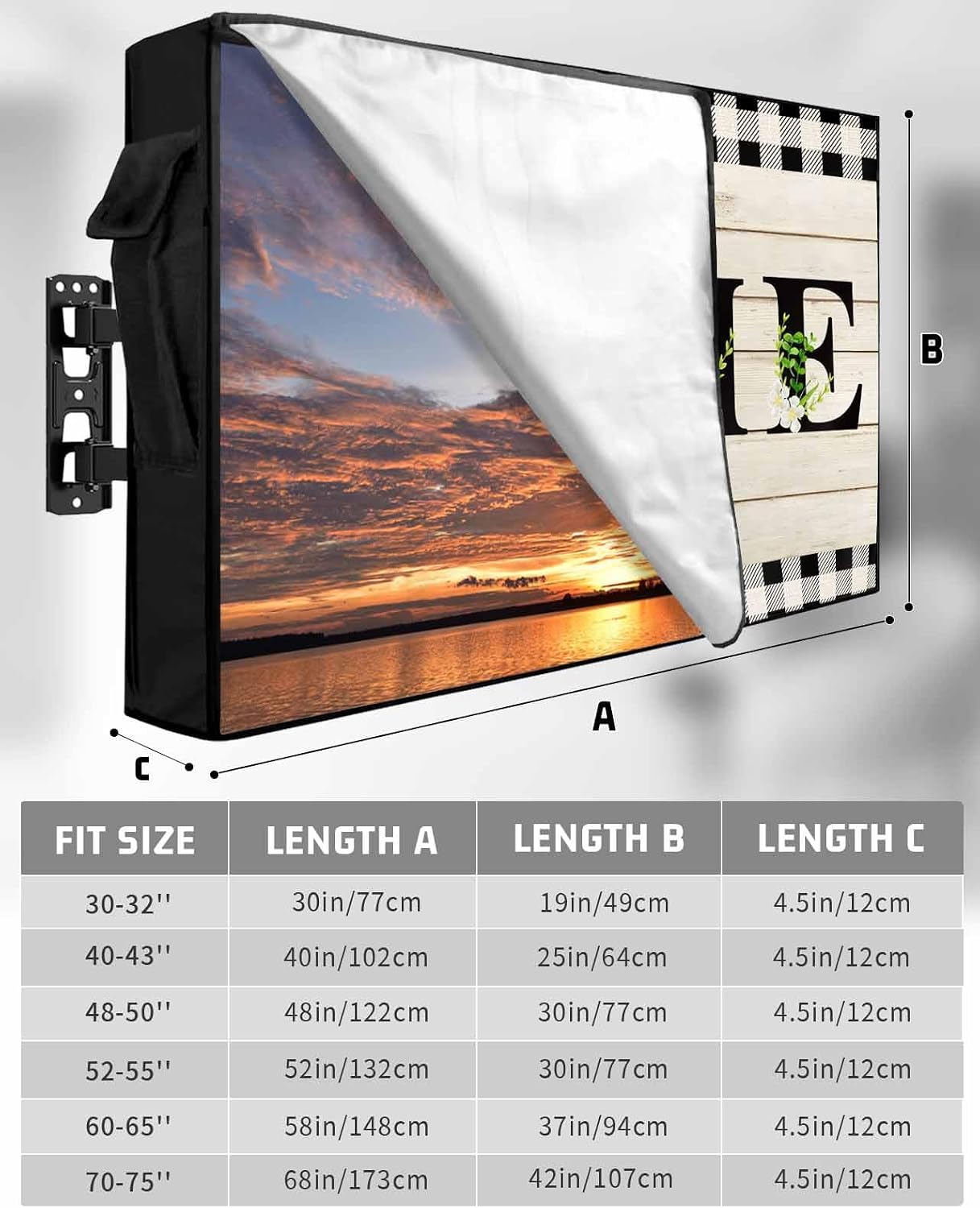 Rustic Home Text Outdoor TV Cover for Outside Flat Screen,Retro Wood Board 600D Thick Waterproof Weatherproof Outdoor TV Screen Protector with Zipper for 60 to 65 Inch Flat Screens Leaf Flower Plaid image 3