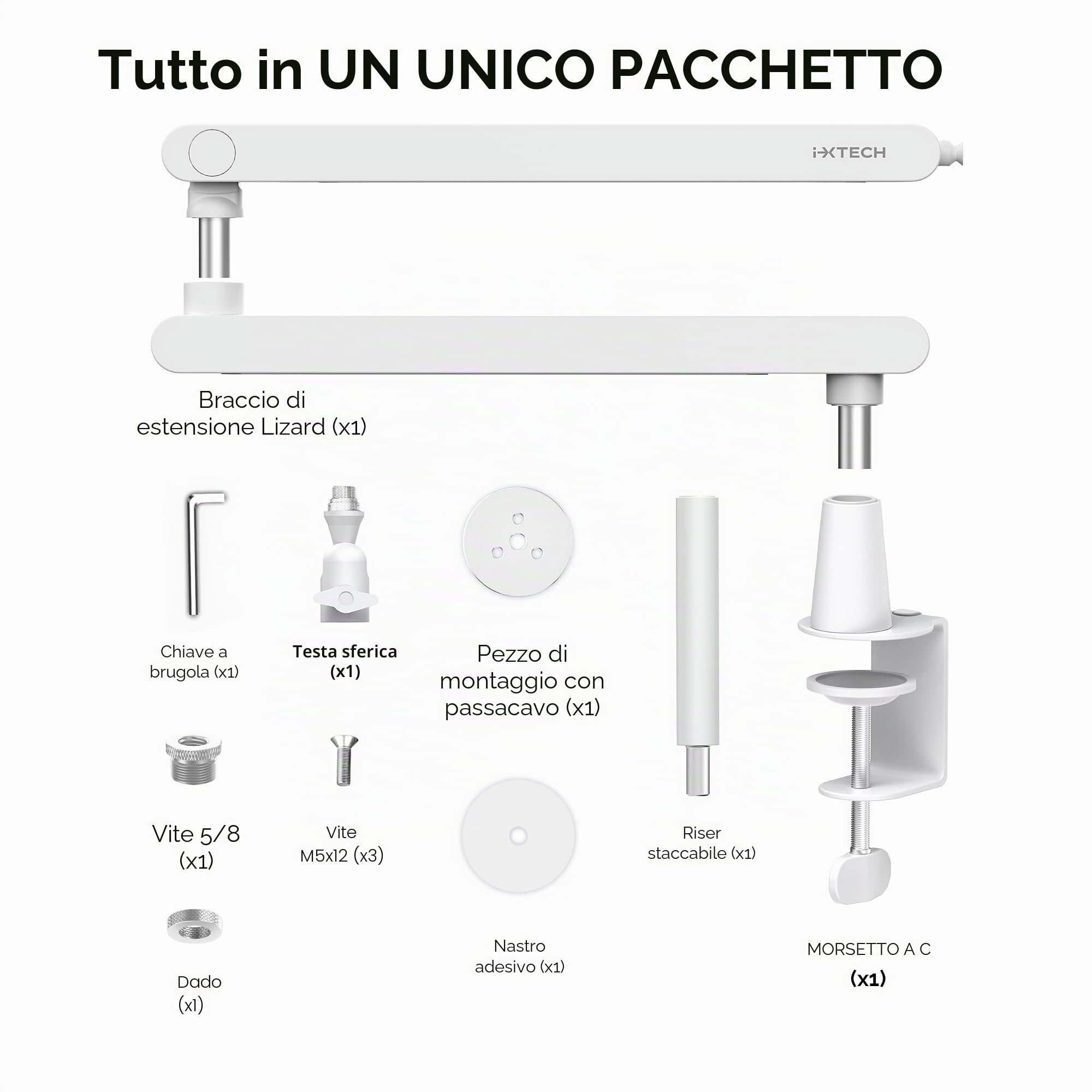 IXTECH Braccio per microfono regolabile girevole a 360°, supporto per microfono a profilo basso con staffa universale completamente regolabile per professionisti, braccio boom per microfono