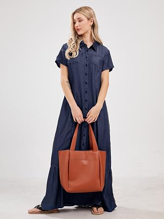 utcoco Womens Short Sleeve Denim Maxi Dress Casual Loose Fit Button Down Long Jean Dresses