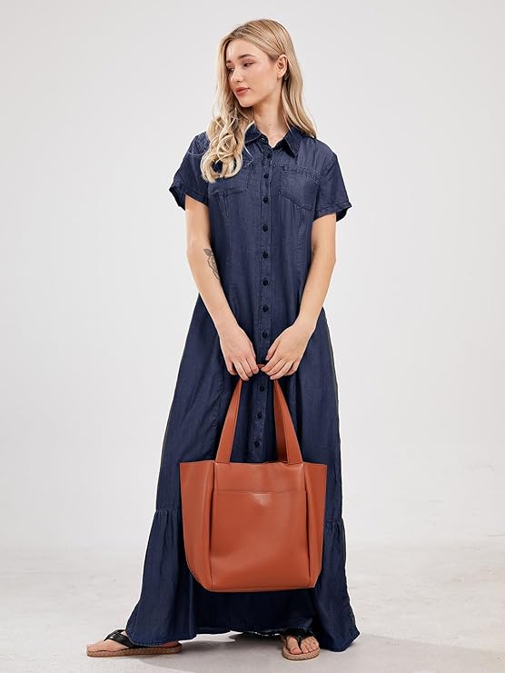 utcoco Womens Short Sleeve Denim Maxi Dress Casual Loose Fit Button Down Long Jean Dresses