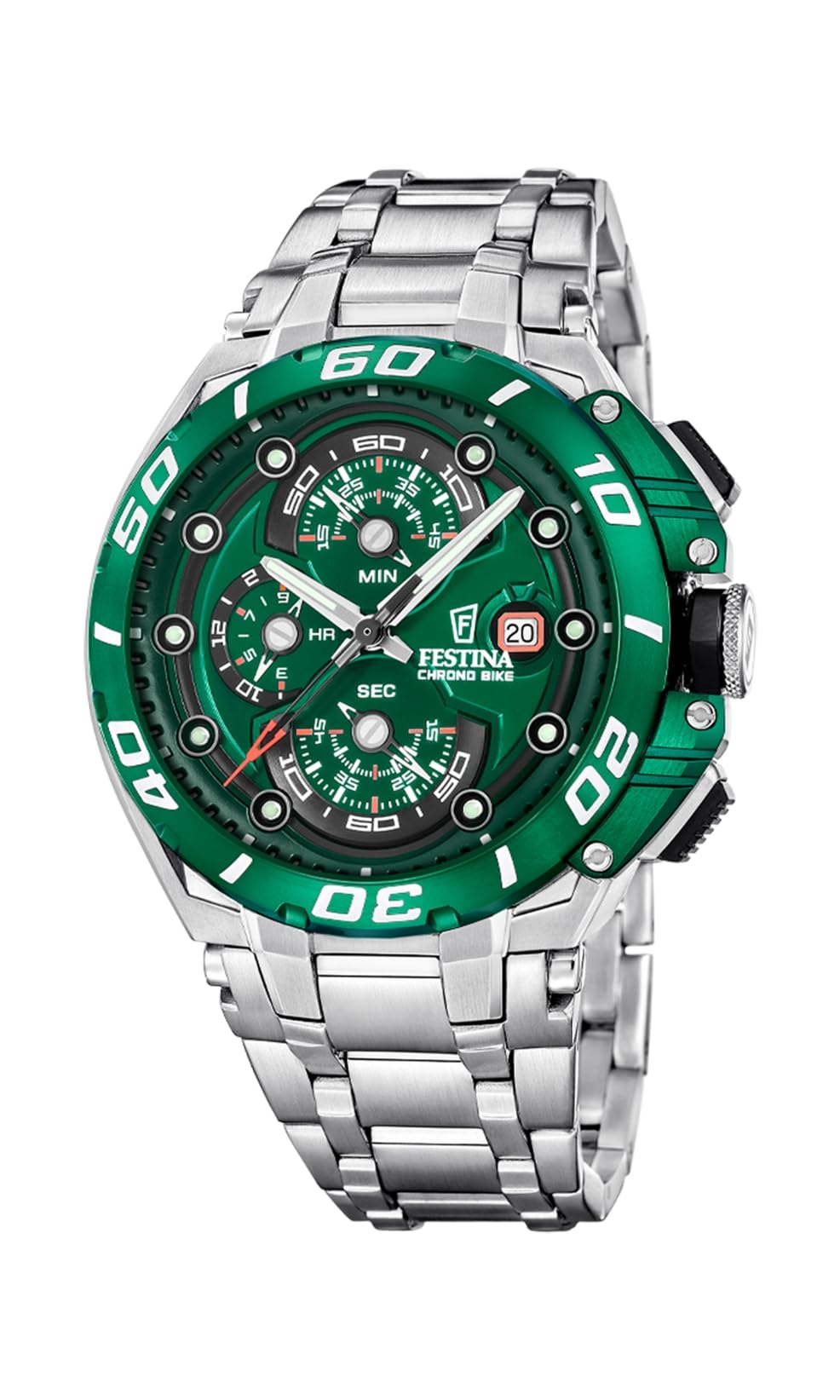 Festina 2026 Chrono Bike Watch with Stainless Steel Bracelet F20754/5 | Quartz Movement, Calendar, Reinforced Mineral Glass, 20 ATM Waterproof, Stainless Steel Strap, Chrono Bike, F20754/5