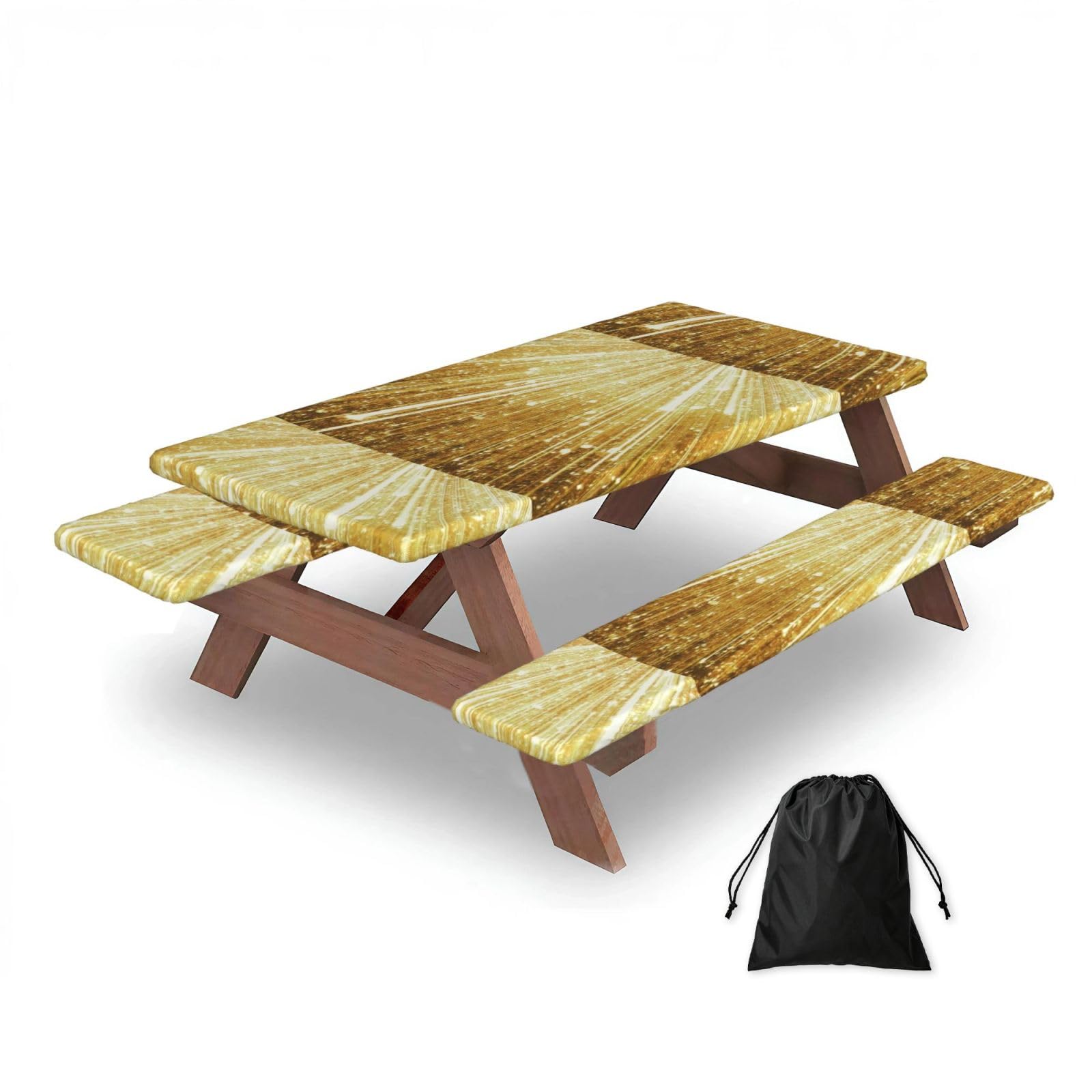 Dopklna As Picture Gold Bling Printed, Picnic Table Cover With Bench Covers -Waterproof Elastic Fitted Tablecloth For Garden Camping Patio 76X152cm