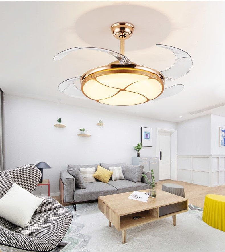 Image of Glowave Golden 42 inch 4 Leaf Chandelier Fan with 4 Invisible Retractable ABS Fan Blades Ceiling Fan Light with Remote Control 6 Speed Function - Tricolour Dimmable |White, Warm White, Natural White|