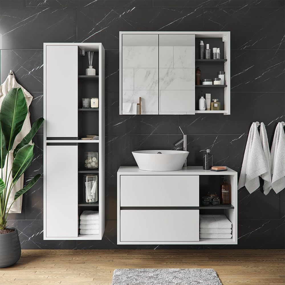 Vicco Specchio contenitore bagno Viola, Bianco/antracite, 100 x 75 cm, per montaggio a parete con ripiani aperti