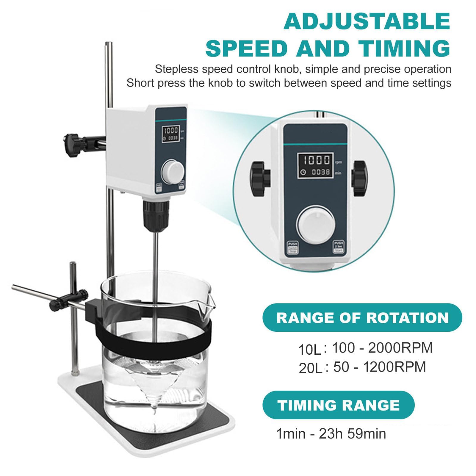 Agitador superior para mezcla de laboratorio, capacidad de 10 l/20 l, velocidad variable de 100-1500/50-1200 rpm, temporizador de 0-24 horas, con sensor de seguridad y abrazadera ajustable