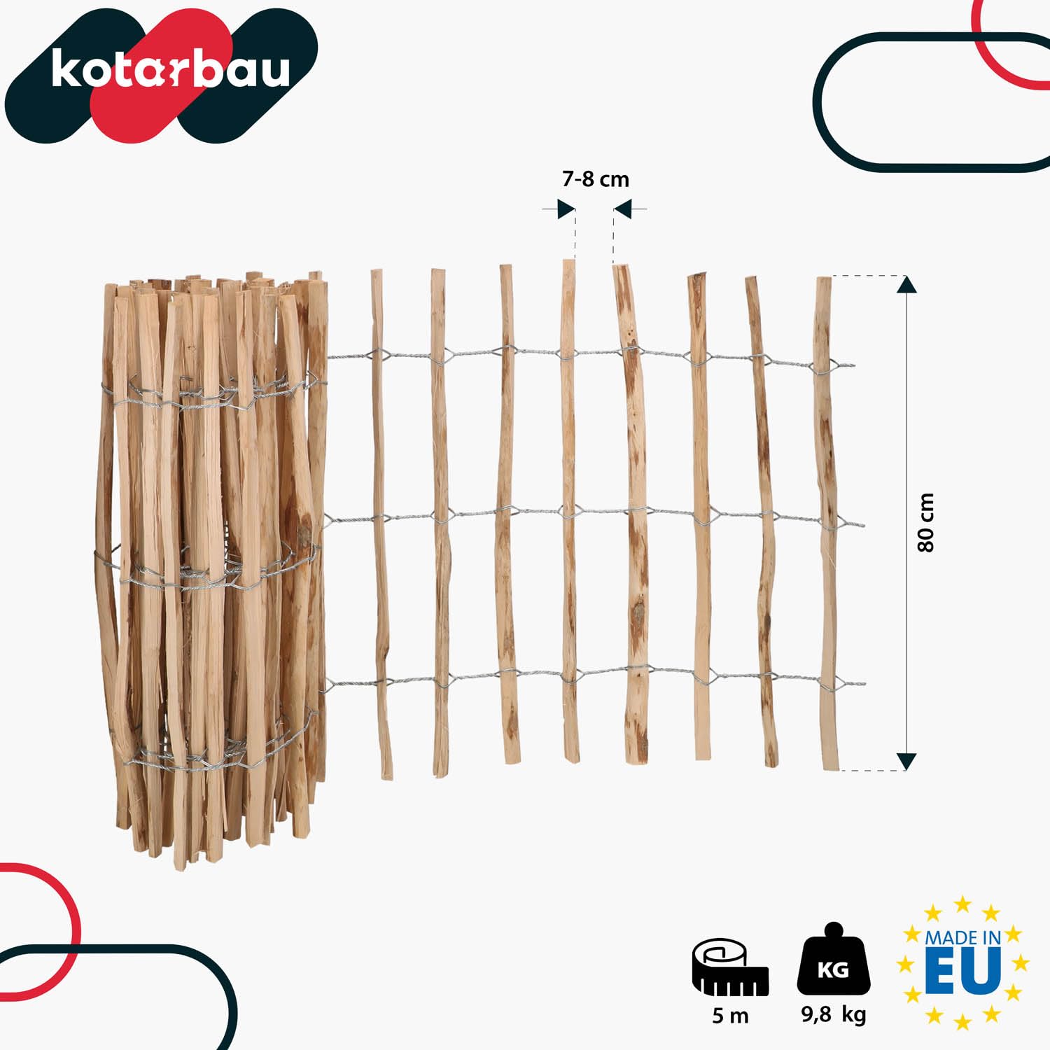 KOTARBAU® Valla de estacas de madera, 0,8 m x 5 m, Madera de avellano natural, Vallado enrollable, Valla de listones de madera unida con alambre, Valla para crear una barrera en jardín