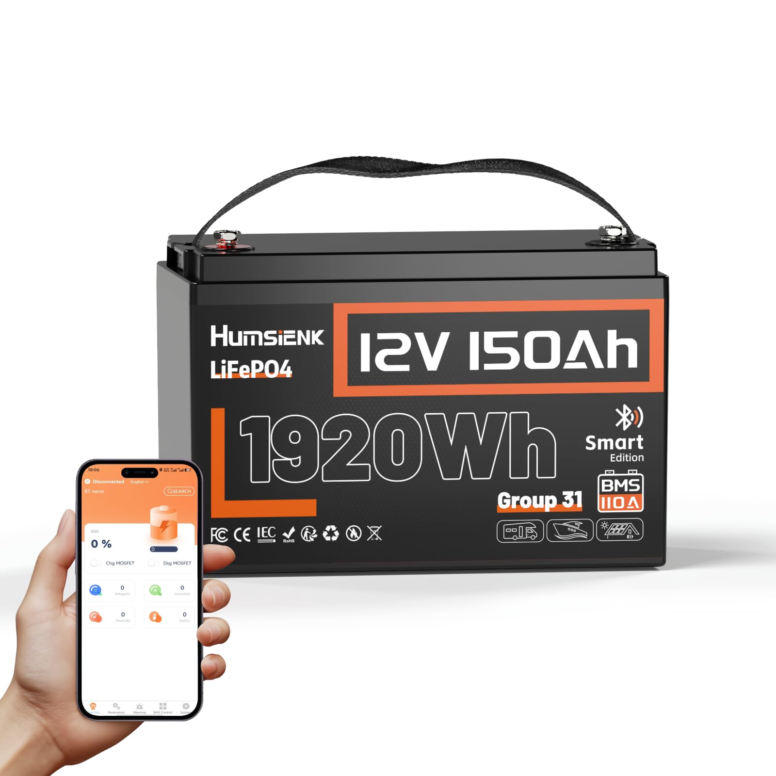 Batería Litio 12V 150Ah con Bluetooth,Bateria LiFepo4,BMS Inteligente de 110A,4.000–15.000 Ciclos Profundos de 12 V 1920 WH Recargable,Protección Baja Temperatura—para Solar,Autocaravana (RV)