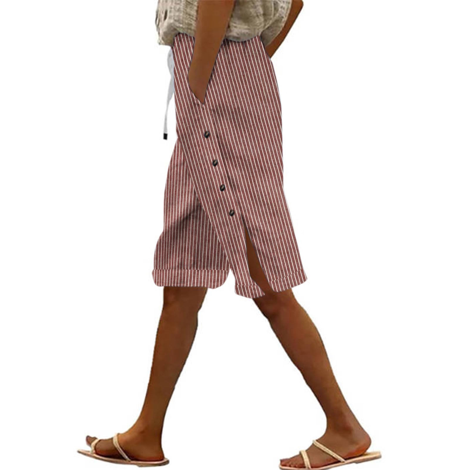 Women Vintage Striped Shorts Summer Knee Length Cotton Linen Bermuda Short Pant with Pocket Casual Beach Half Pants(Wine,Large)