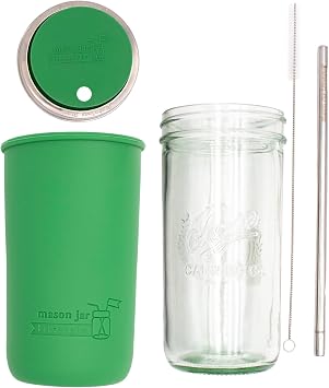 Mason Jar Lifestyle Wide Mouth 24oz Pint & Half Glass Mason Jar Water Bottle Travel Tumbler with Silicone Sleeve, Straw Lid, ans Stainless Steel Straw Leaf Green