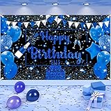 Navy Blue Birthday Banner - Large Blue Black Happy Birthday Backdrop for Boys & Girls - Champagne Glass Balloons Photo Booth Background for Man & Women - 71x44 Inch