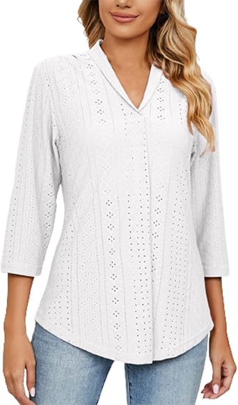 3/4 Sleeve Shirts for Women Business Casual Work Blouse Elegant v Neck Eyelet Loose Summer Tshirt Loose Fit Blouse