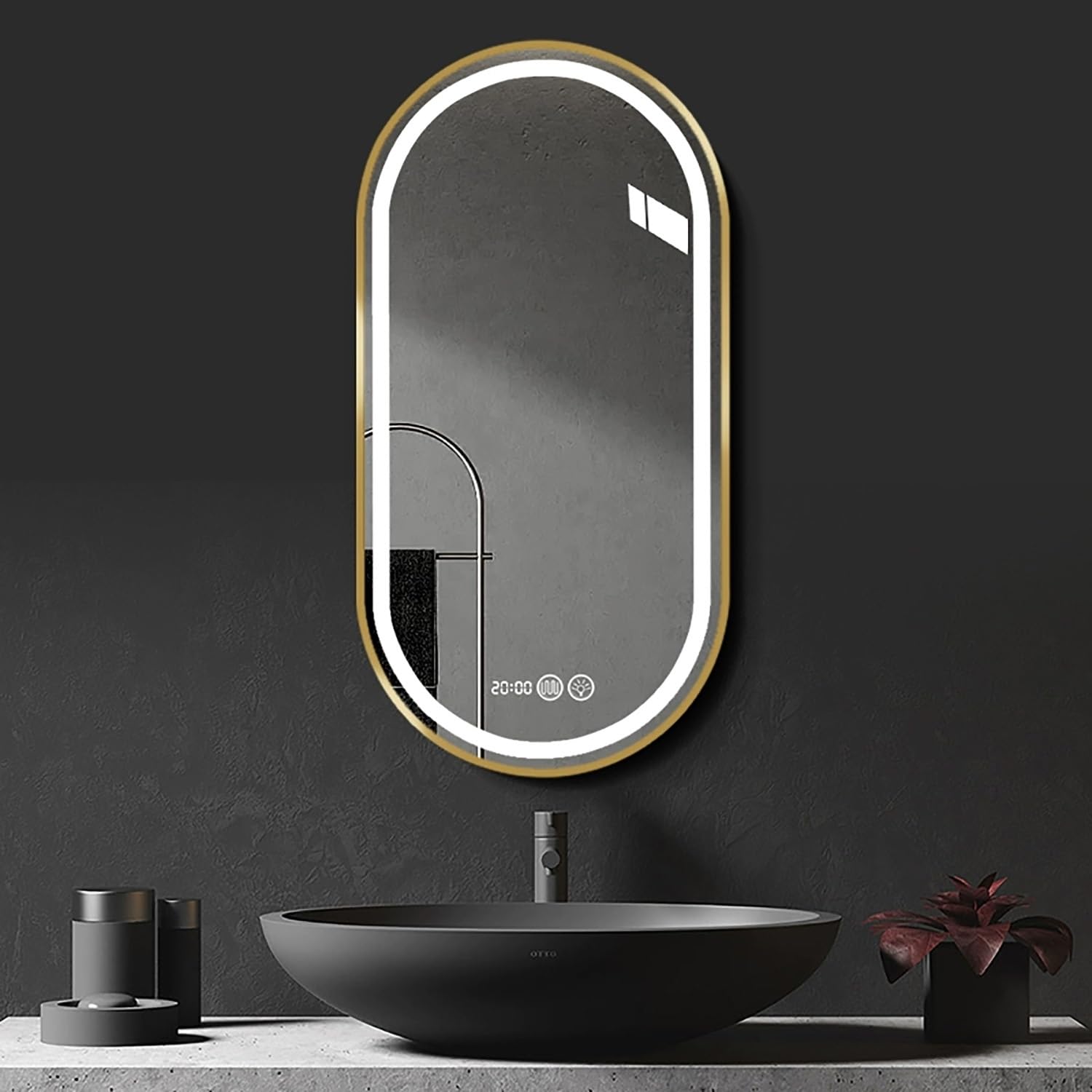SXFSDOU Oval LED Bathroom Mirror with Touch AntiFog Adjustable 3 Color Lighting Black Frame 80x130 cm Perfect for Makeup and Bedroom Decor (Gold)
