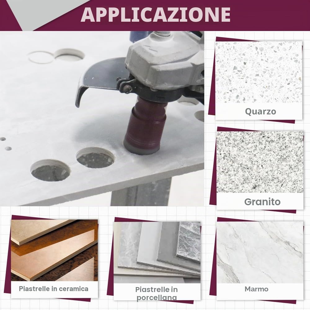Punte Diamantate Gres Porcellanato 11 Pezzi - 6/6/8/20/35/40/50/68mm x M14 Punte Trapano, 50mm Punta Smusso, Adattatore, Disco Diamantato 125mm per Piastrelle Ceramica Marmo Granito