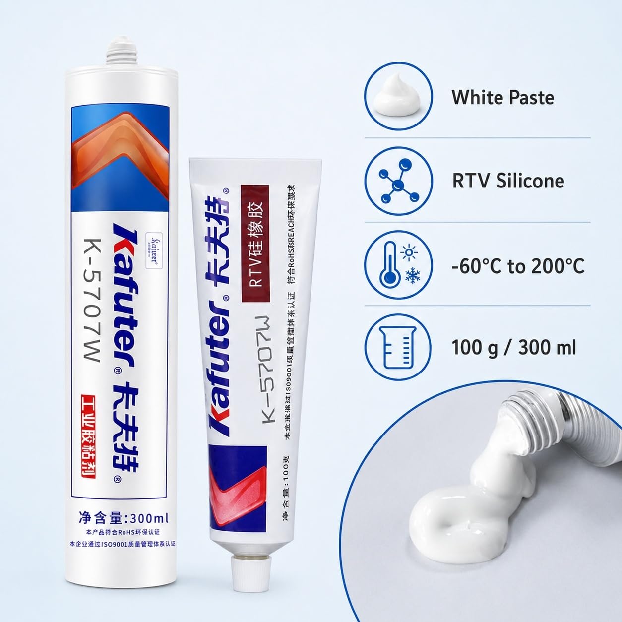 VIDOO Kafuter K-5707W Przemysłowa Spoina Zalewowa, Biały Elastyczny Klej Silikonowy do Połączeń Arkuszy Polimerowych Metalowych - 300ml