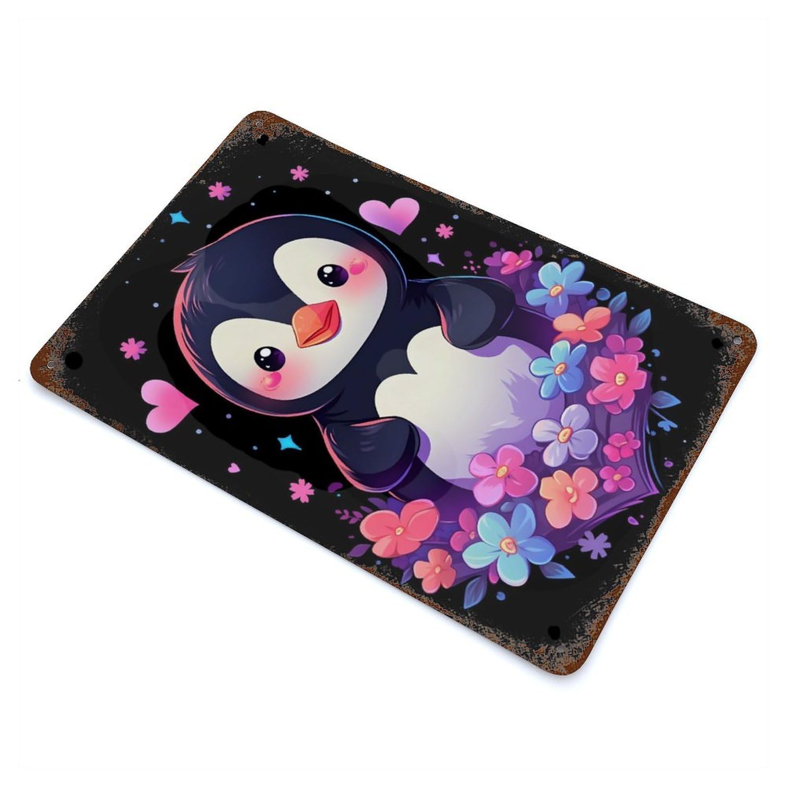 Garage Style Penguin Floral And Hearts Rustic Tin Plaque 11.8"x7.9", Classic Wall Plaque for Bar And Workshop