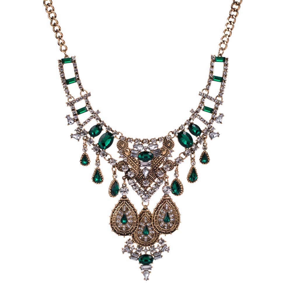 Mozhuo Bling Green Bib Necklace with Rhinestone Short Chunky Collar Pendant Statement Choker Necklace for Women Fashion Jewelry Costume (Green Statement Necklace)
