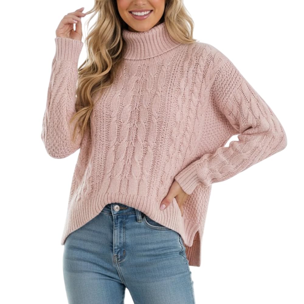 Women Turtleneck Cable Knit Sweater Pullover Long Sleeve Soft Warm Thick Knitwear Stylish Casual Outfit for Fall Winter