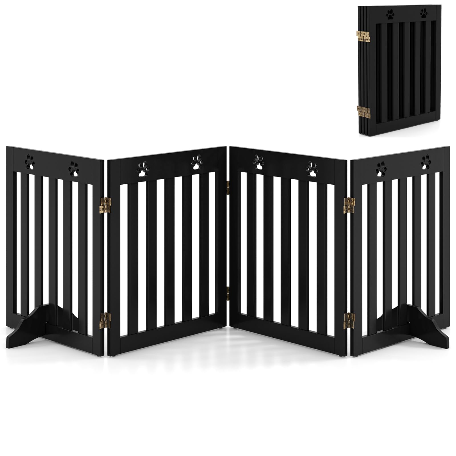 Maxmass Wooden Freestanding Pet Gate, Foldable Dog Barrier with 360°Flexible Hinges and Non-slip Foot Pads, 3/4 Panel Safety Fence for Stairs (204 x 61 cm, Brown)