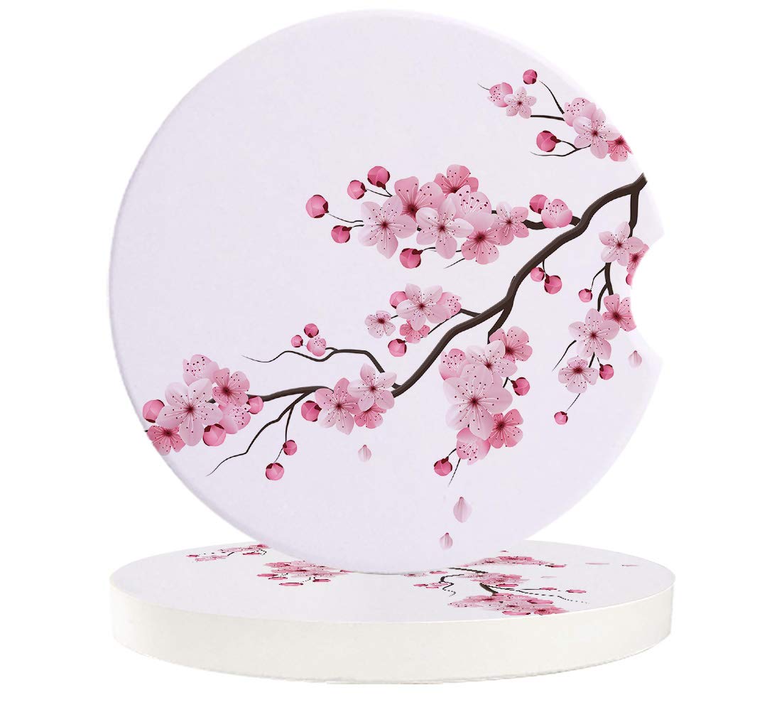 Vibiliyou Set of 2 Pack,Car Coasters for Drinks Sakura Japan Flower Durable Absorbent Ceramics Car Accessories Easy Removal of Auto Cup Holders Ideal for Housewarming,Kitchen and Bar Decor