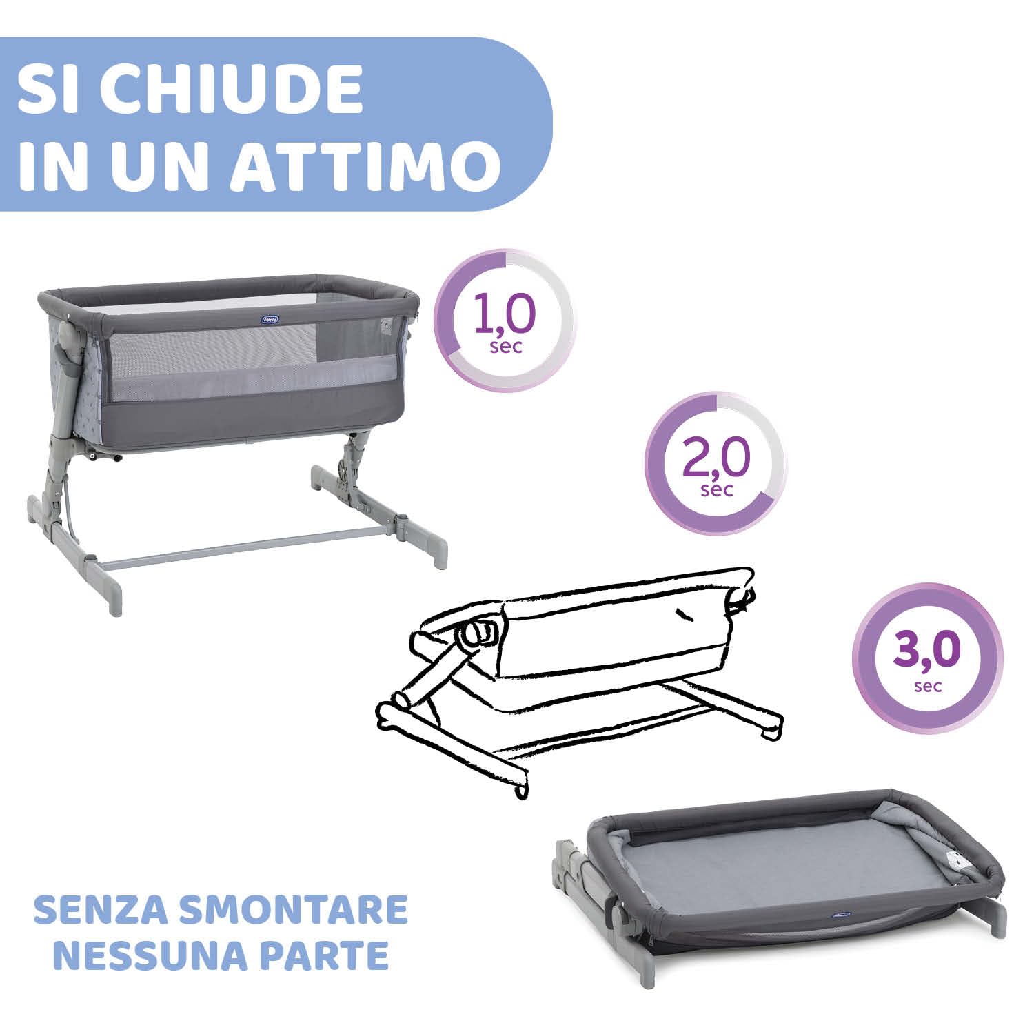 Chicco Next2Me Go Culla Neonato Fianco Letto, Compatibile con Diversi Letti, Altezza Regolabile, Buona Circolazione dell'Aria, culla da viaggio, lettino da viaggio, pieghevole, Grigio scuro