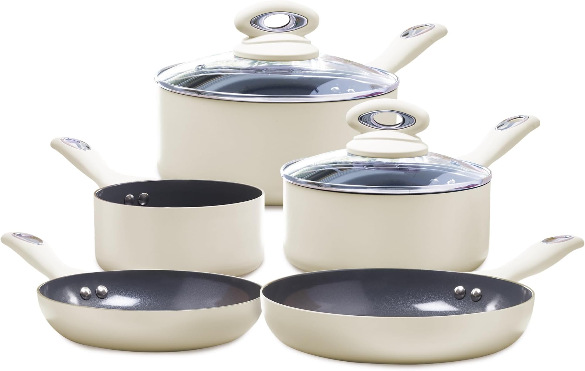 – Matt Cream 5-Piece Ceramic Cookware Set - Includes 2X Frying Pans and 3X Saucepans with Grey Sparkle Ceramic Non-Stick Coating - Compatible for All Types of Hobs - PTFE and PFOA Free