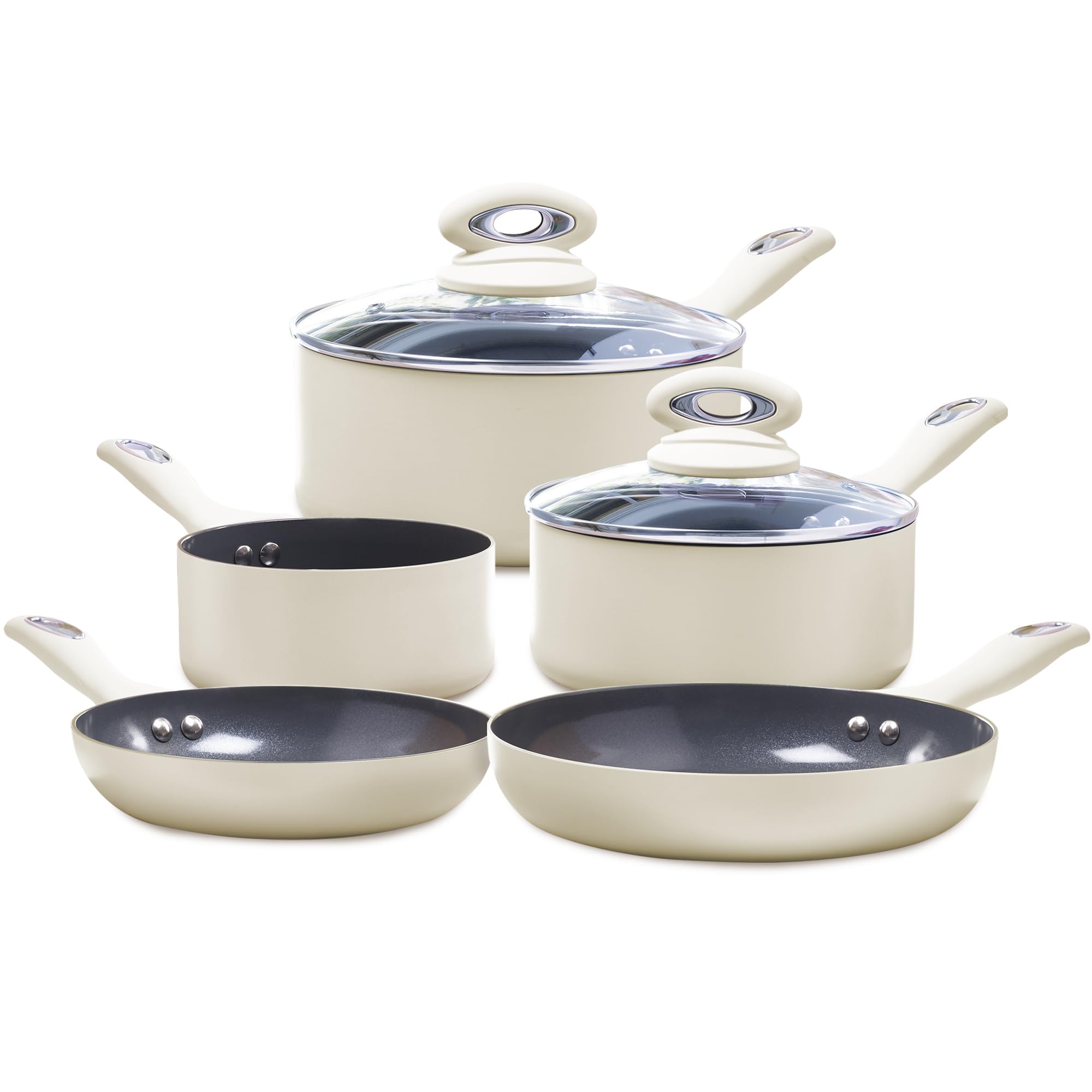 Sponsored Ad – Matt Cream 5-Piece Ceramic Cookware Set - Includes 2X Frying Pans and 3X Saucepans with Grey Sparkle Ceramic Non-Stick Coating - Compatible for All Types of Hobs - PTFE and PFOA Free