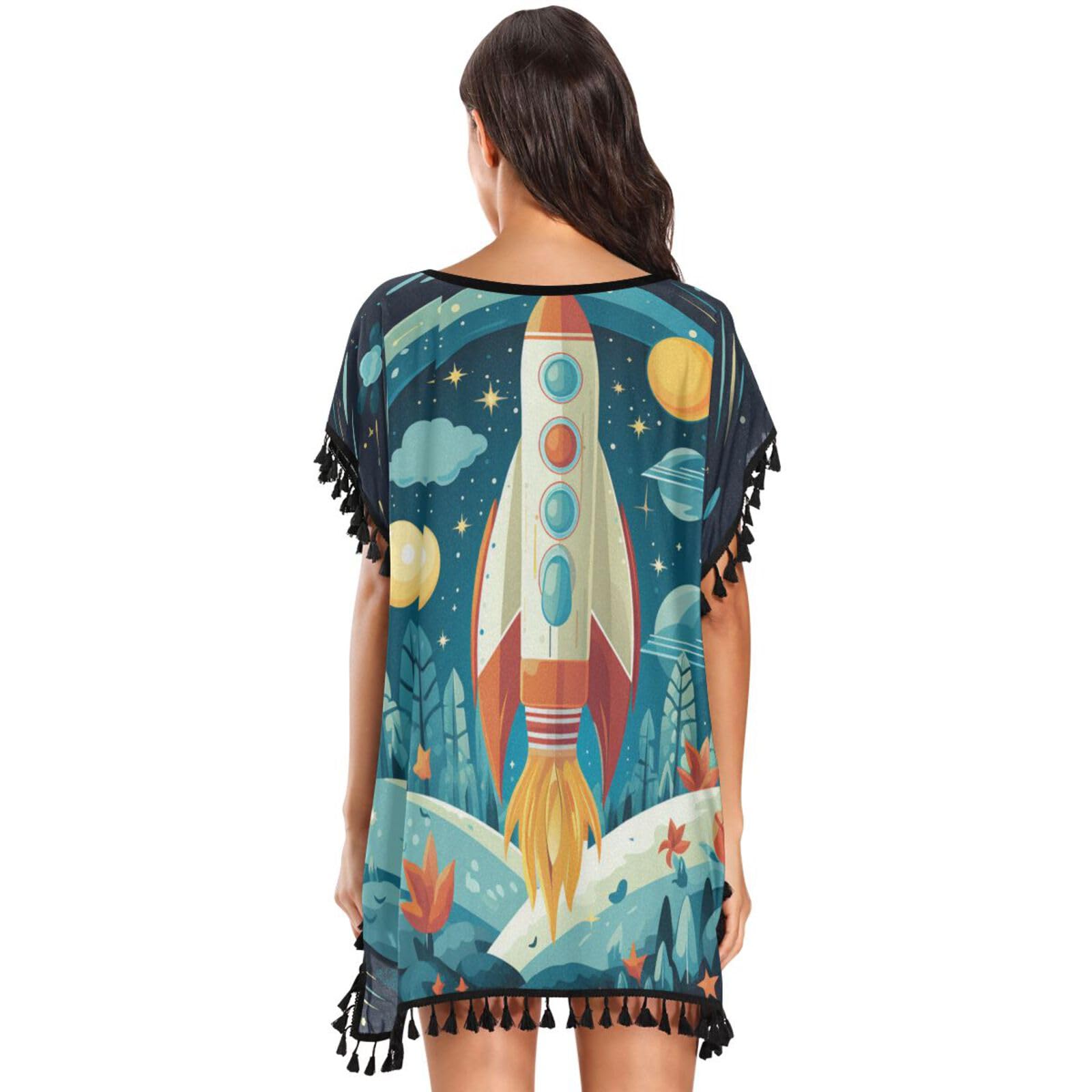 Space Rocket Art Women's Beach Cover Up Chiffon Tassel Swimwear Swimsuit Coverups for Girl