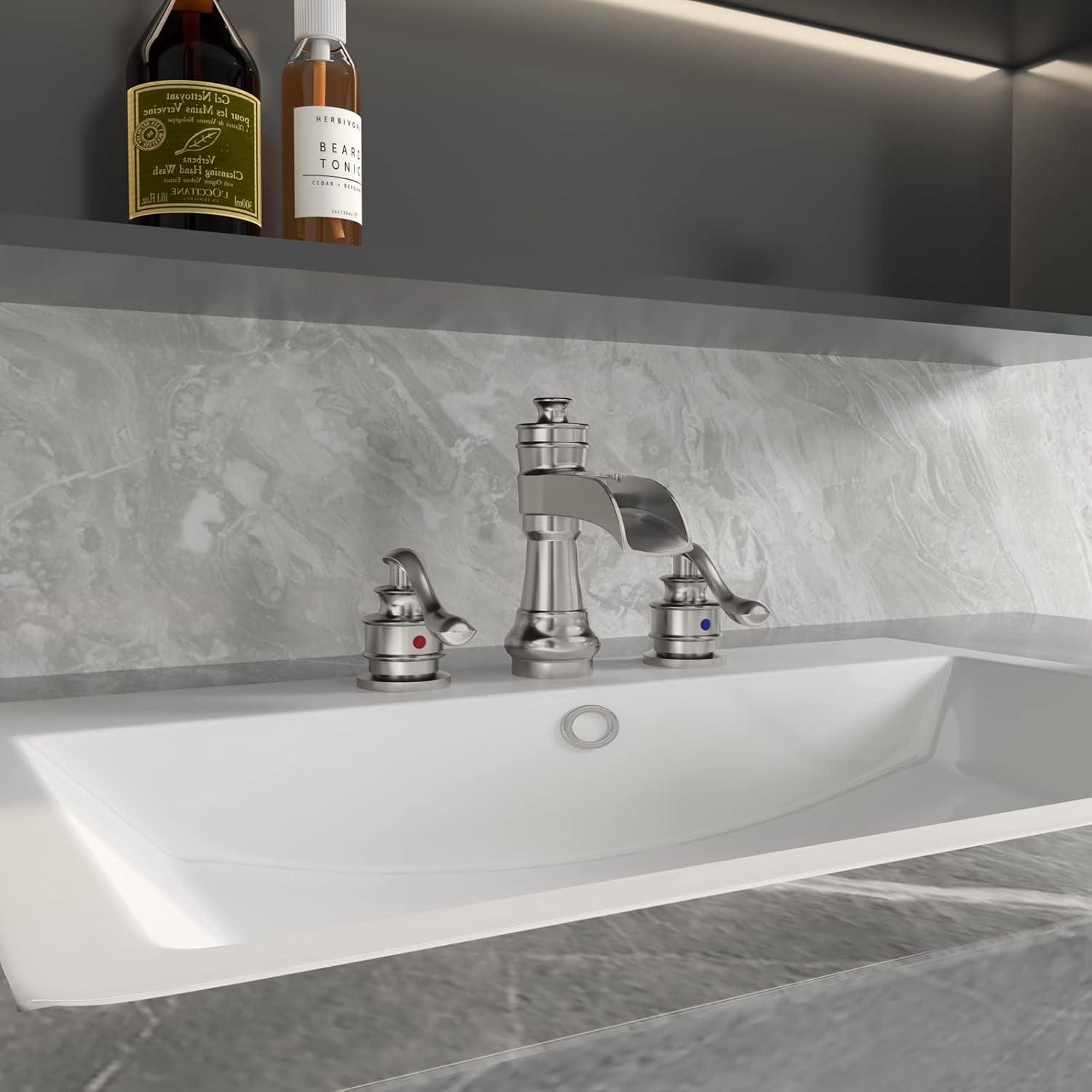 BWE 8 Inch Widespread Bathroom Faucet with Pop Up Drain with Overflow and Supply Line Waterfall 3 Holes Two-Handle Sink Faucets Brushed Nickel Lavatory Mixer Tap