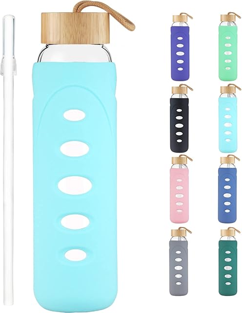 SHBRIFA 1 Litre / 750ml Borosilicate Glass Water Bottle with Silicone Sleeve and Straw, BPA Free Reusable Glass Drinking Bottle with Leak-Proof Bamboo Lid