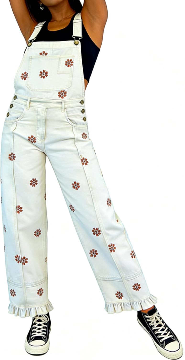 utcoco Womens Floral Print Denim Overalls Y2k Baggy Patchwork Boyfriend Barrel Jeans Wide Leg Denim Jumpsuit